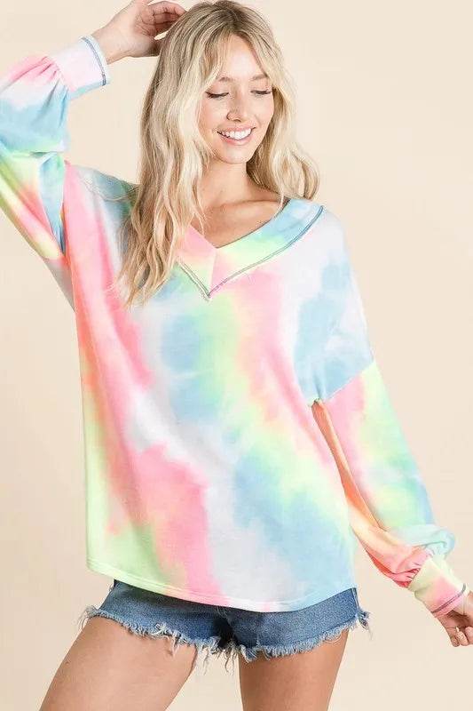 Bibi Tie Dye French Terry V-Neck Top with Puff Sleeves in Pink Multi | Women's Casual Boho Blouse | Perfect for Summer Outfits, Beach Wear & Music Festivals