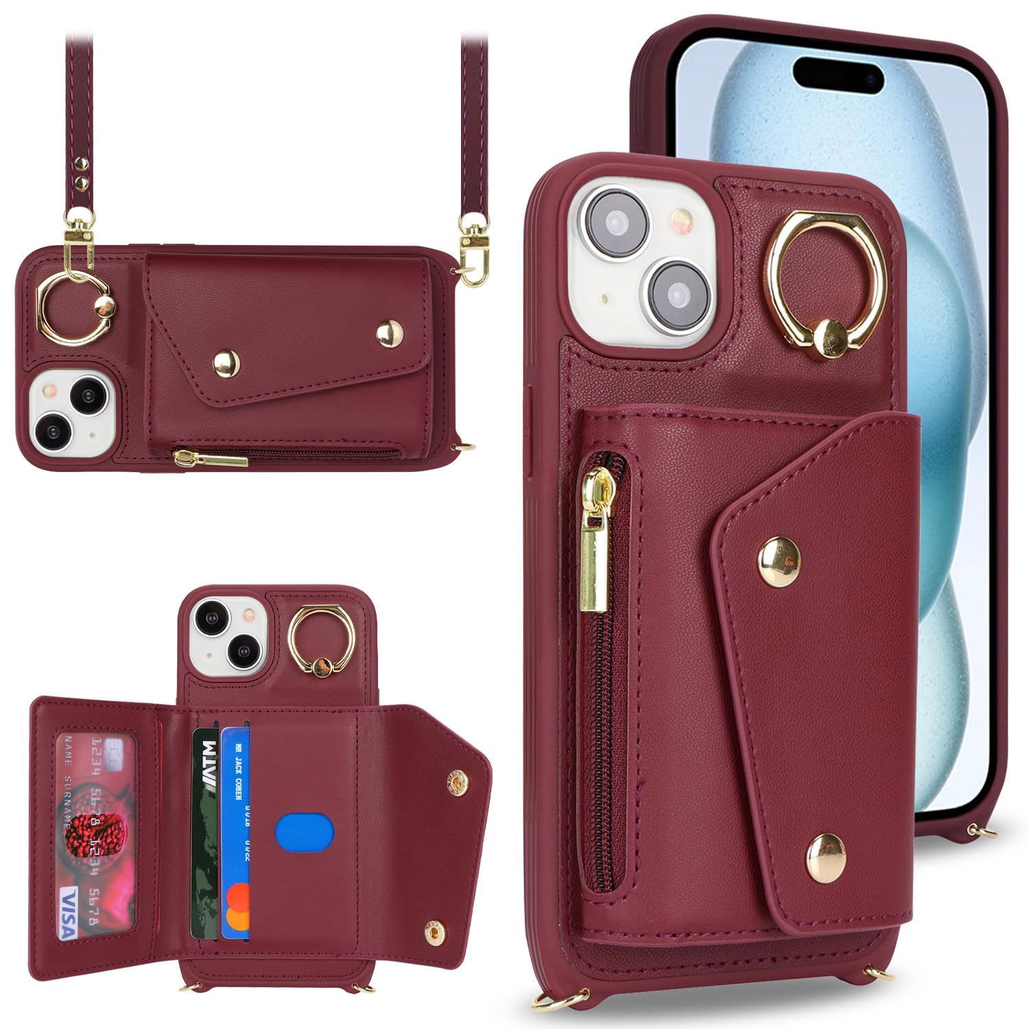 iPhone 15 Wallet Case with Card Holder & Crossbody Strap - 6.1