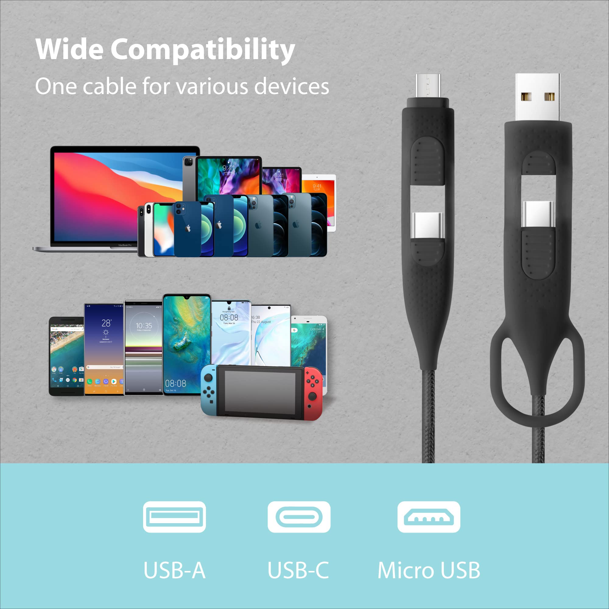 Premium BONE 4-in1 Charging Cable with Interchangeable Adapters (USB-C/USB-A/Micro USB) - Durable Nylon Braided Cord - Fast Charging for iPhone, Samsung, Android Smartphones, iPad & Tablets - Perfect for Home, Office & Travel - Black
