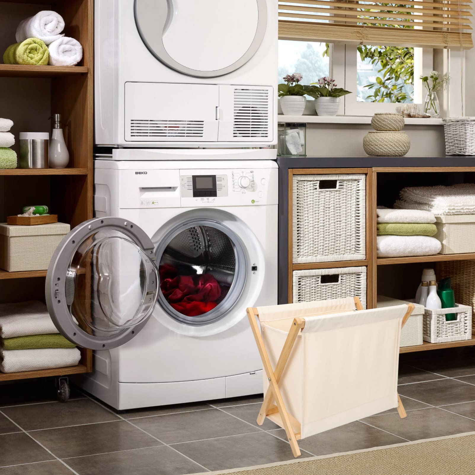 **Large Bamboo Wood Laundry Hamper Sorter Cart with Stand - Foldable X-Frame Design for Blankets, Clothes, Pillows, Towels & Baby Nursery - Perfect for Bedroom, Laundry Room & Dorm Organization**