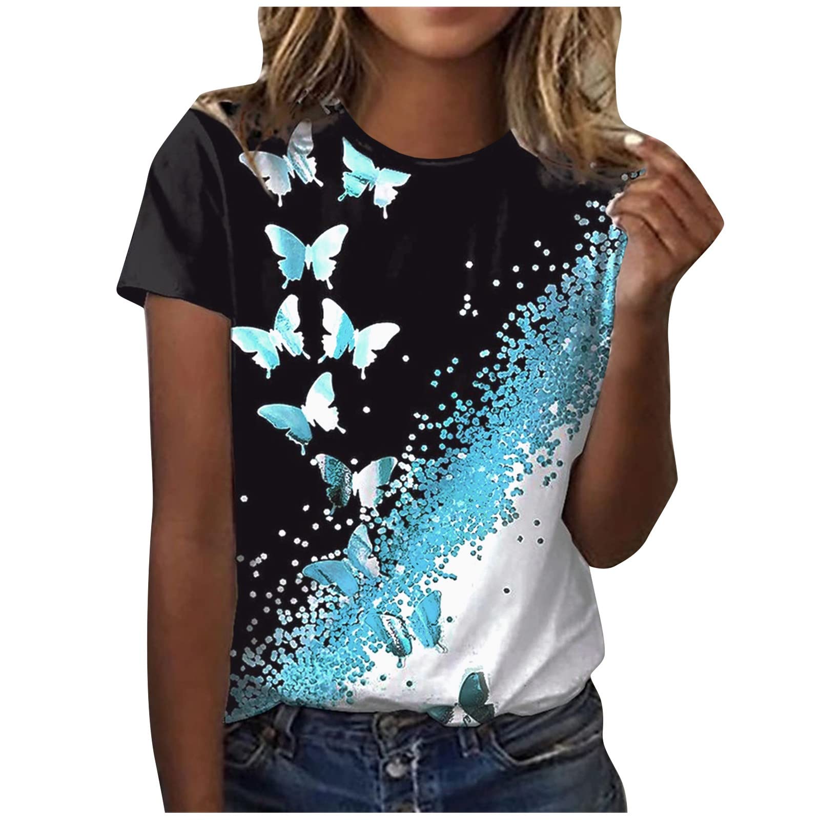 Trendy Butterfly Print Women's Short Sleeve Crewneck T-Shirt - Casual Summer Blouse for Ladies | Perfect for Beach Outings, Date Nights & Weekend Wear