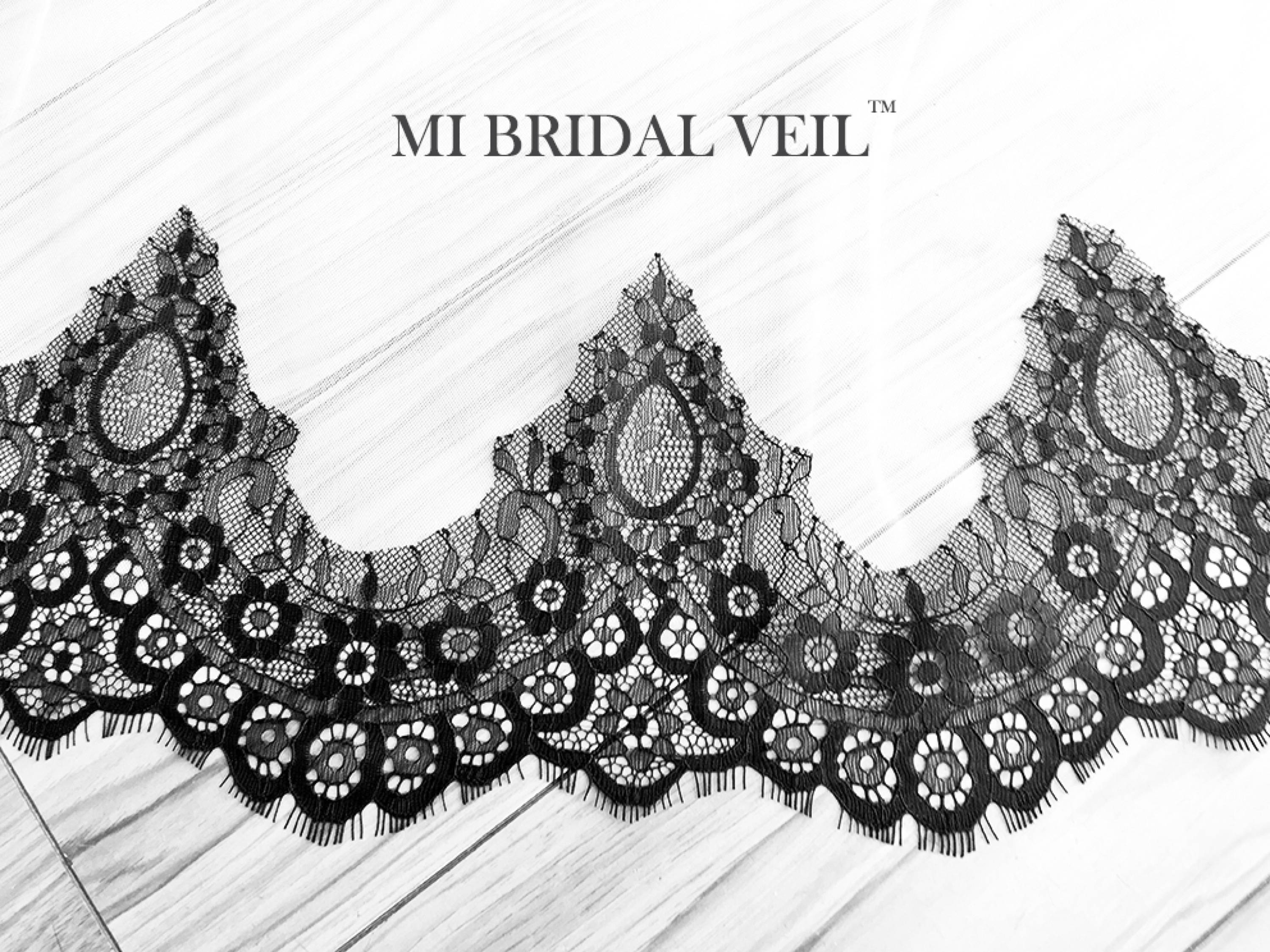 Elegant Black Lace Cathedral Wedding Veil with Delicate Bottom Lace Trim - Perfect for Bridal Dresses, Formal Weddings & Romantic Ceremonies