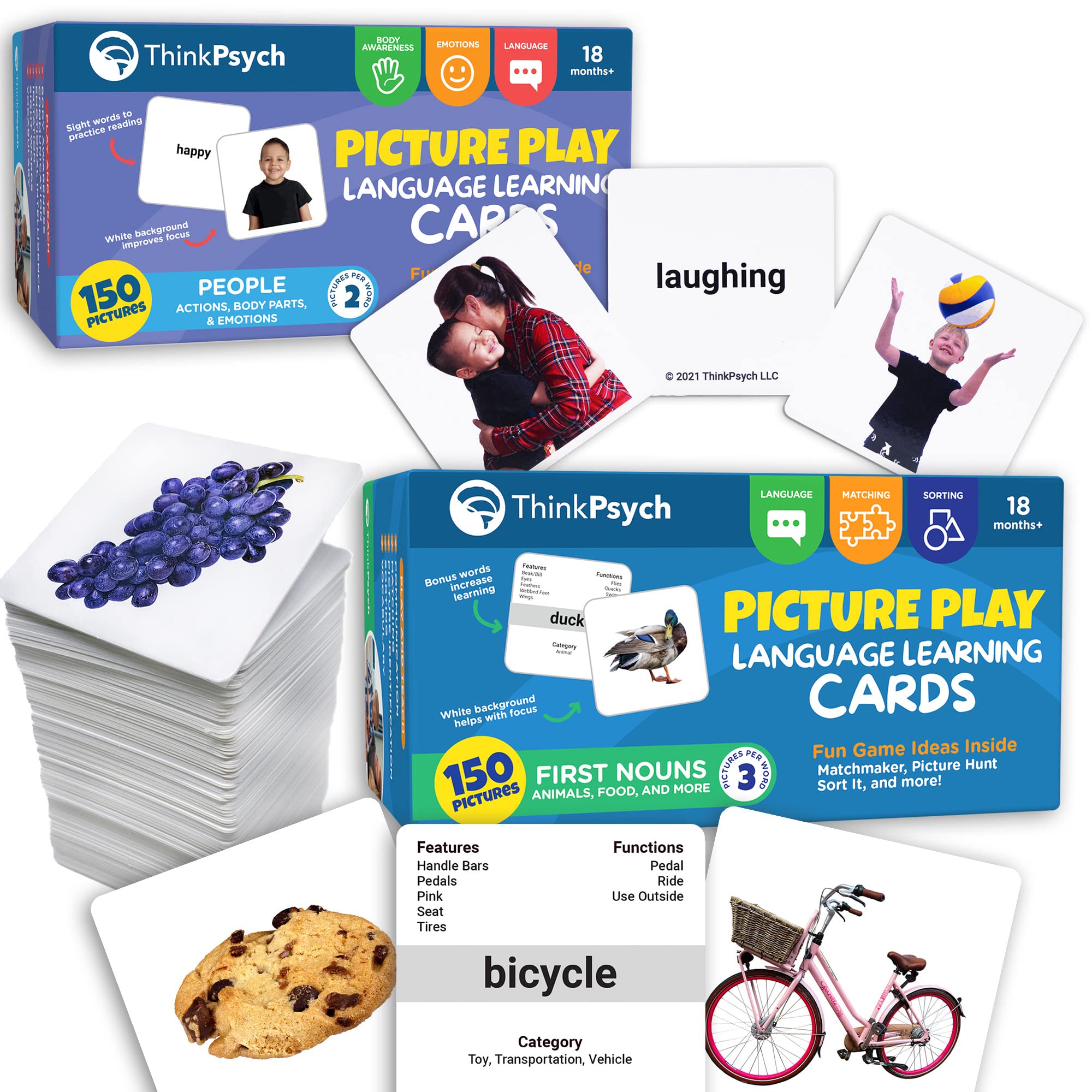ThinkPsych 300 Picture Cards for Language Learning - Animals, Body Parts, Clothes, Food, People & Toys - Speech Therapy & Autism Learning Materials for Toddlers - Perfect for Home, Classroom & Therapy Sessions