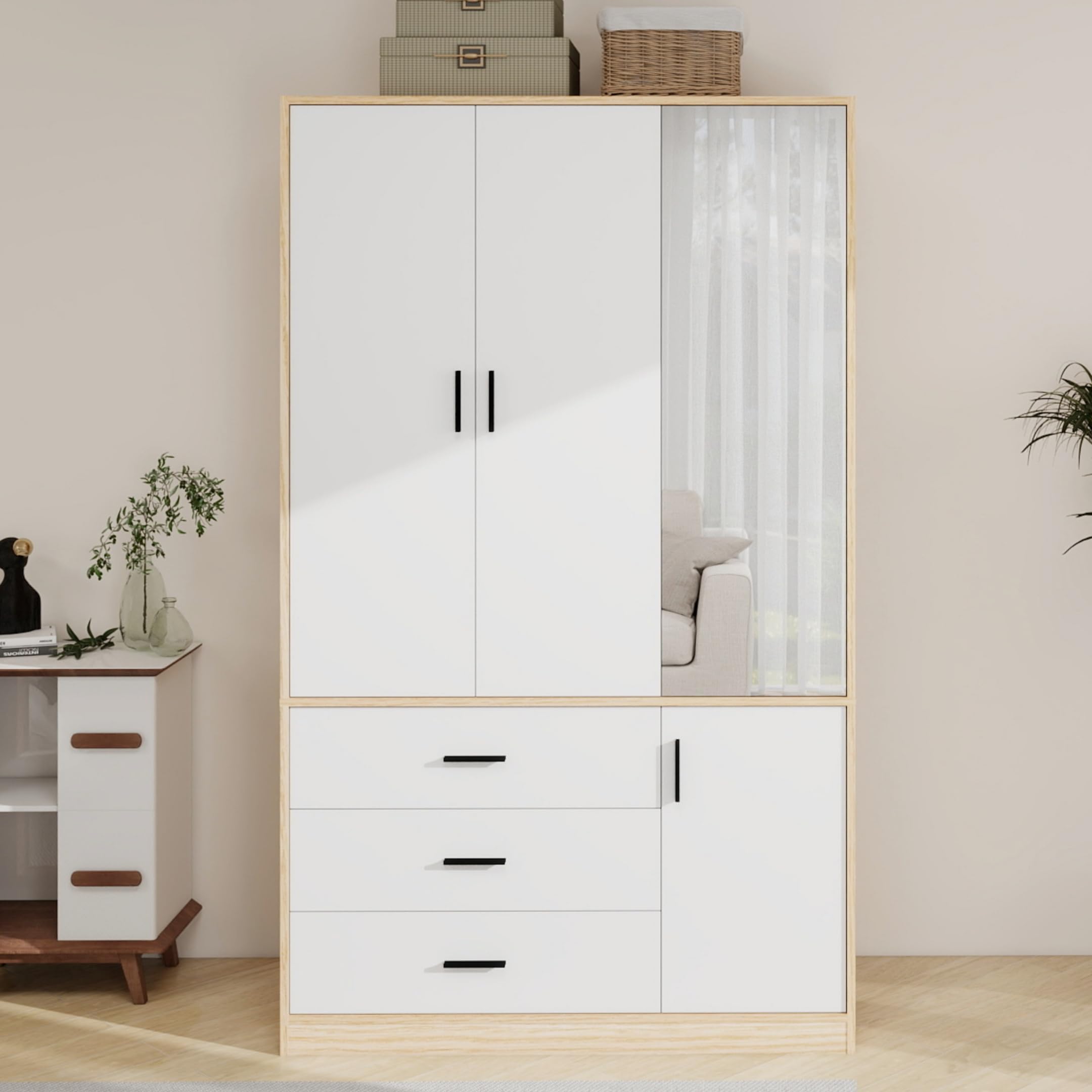 3-Door Wooden Wardrobe Closet with Mirror & 3 Drawers - Freestanding Storage Cabinet with Hanging Rod - Perfect for Bedroom, Guest Room or Dorm Organization