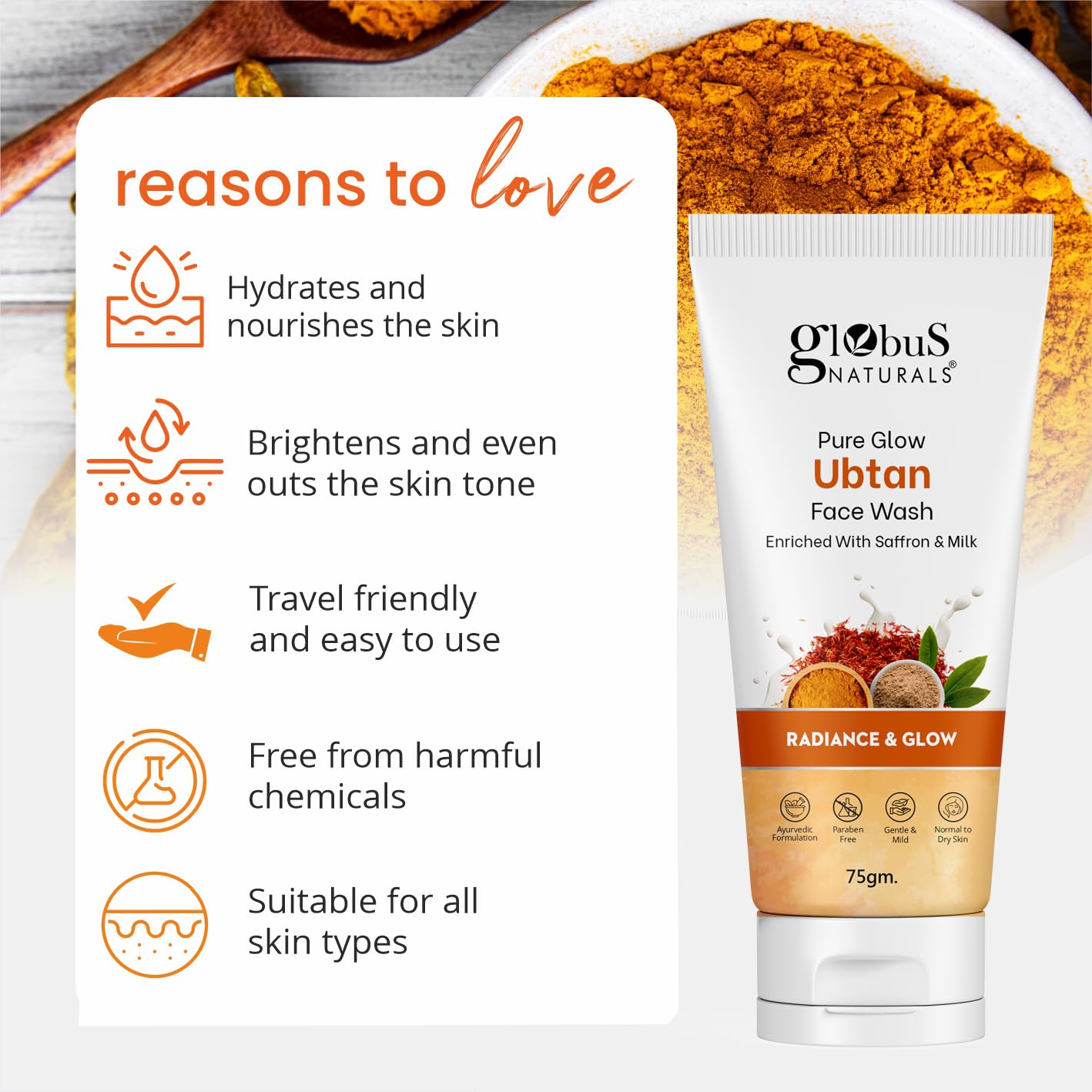 Globus Naturals Pure Glow Ubtan Face Wash with Saffron & Milk - Natural Gentle Cleanser for Radiant Skin | All Skin Types | 75g | Perfect for Daily Skincare Routine & Brightening Dull Complexion