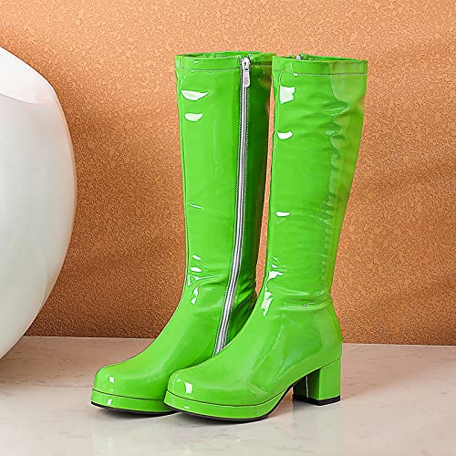 SO SIMPOK Women's Fashion Knee High Boots - Patent Leather Side Zip, Chunky Heel Go Go Boots for Party, Dress, Cosplay & Night Out (Green) | Stylish & Comfortable for Dancing, Halloween & Retro Outfits