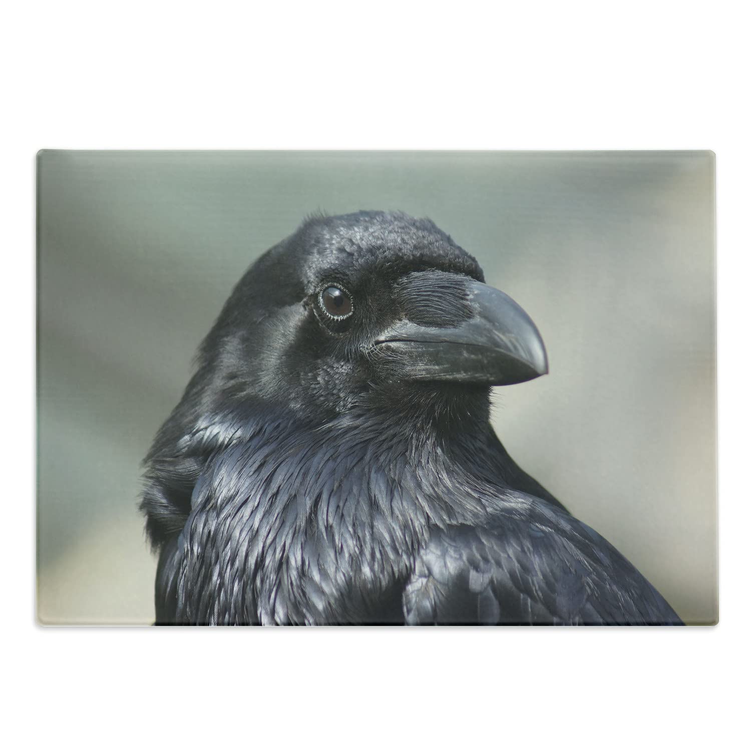Ambesonne Black Crow Tempered Glass Cutting Board - Macro Photography Style Close-Up Bird Portrait with Blurred Background - Large Decorative Serving Board for Kitchen & Dining - Perfect for Entertaining, Food Prep, and Home Decor