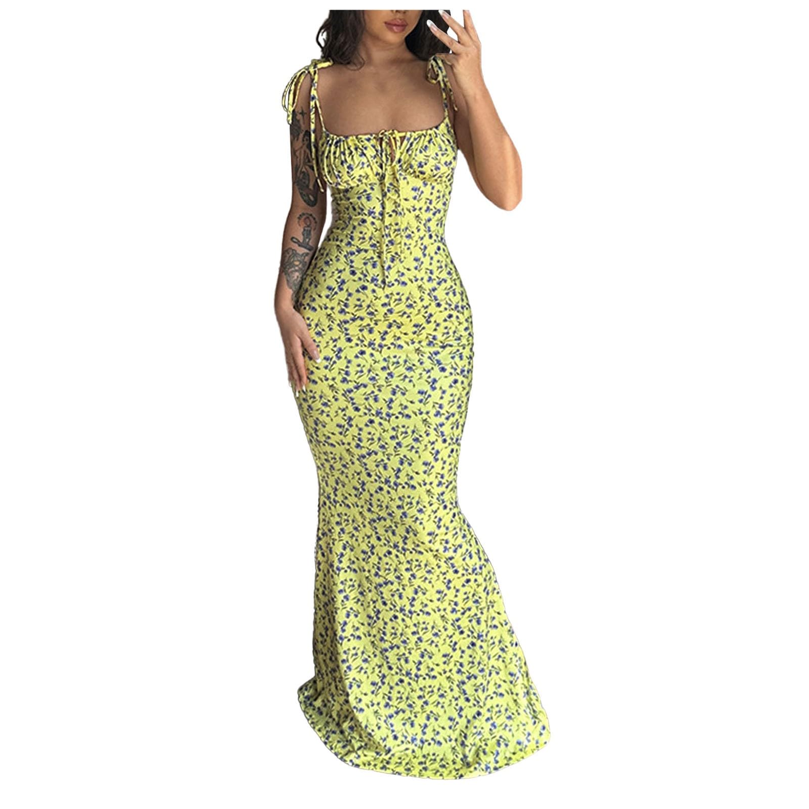 Women's Summer Bodycon Maxi Dress - Sleeveless Tie Shoulder Boho Floral Sundress for Wedding Guest, Party & Beach | Y2K Sexy Fashion