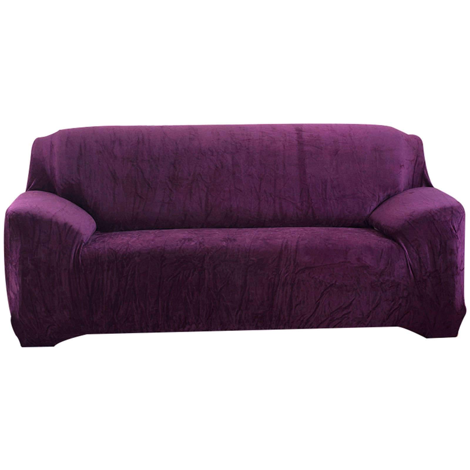 HALOUK Velvet Sofa Slipcover for 3 Cushion Couch - Stretchable Furniture Protector with Non-Slip Elastic Bottom - Soft Plush Living Room Couch Cover - Purple - X-Large (235-310cm) - Perfect for Home Decor & Pet Protection