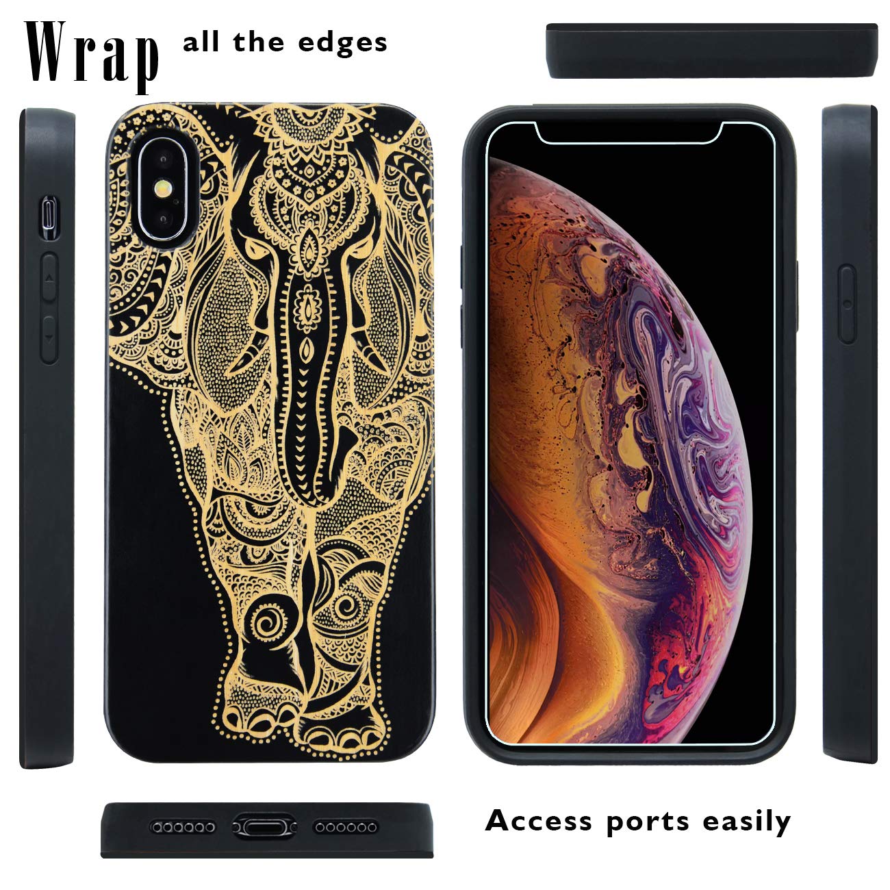 iProductsUS Wood Phone Case for iPhone XR - Engraved Elephant Black Bamboo Cover with Built-in Metal Plate, Wireless Charging Compatible, Shockproof TPU Protection (6.1 Inch) | Perfect for Outdoor Adventures & Daily Use