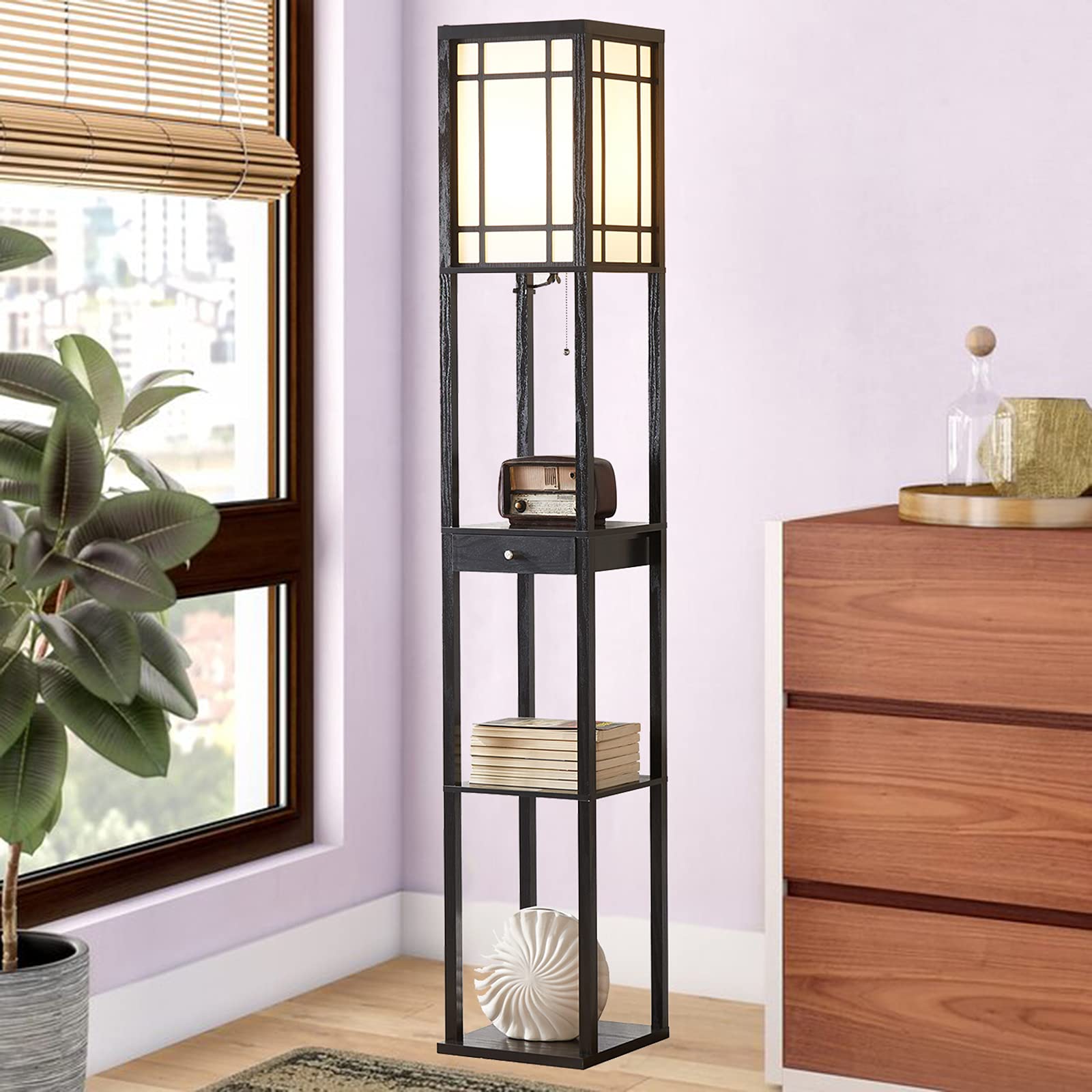Modern Floor Lamp with Shelves & Drawer - LED Bulb Included, Space-Saving Corner Tower Lamp with Storage, Tall Bookshelf Nightstand Light for Living Room, Bedroom, Office - Perfect for Reading & Home Decor (Black)