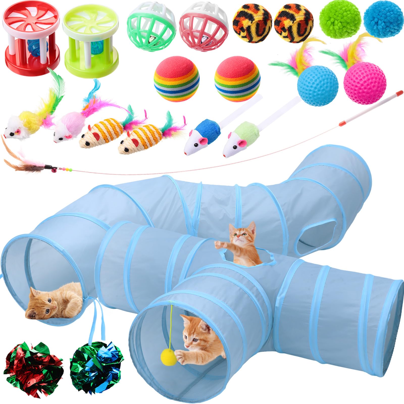 Wettarn 22-Piece Cat Toys Set with 2 Collapsible Tunnels & 20 Interactive Kitten Toys - Includes Feather Mouse, Crinkle Balls, Tubes for Indoor Cats & Puppies (Gray) - Perfect for Playtime, Exercise & Bonding with Your Pets