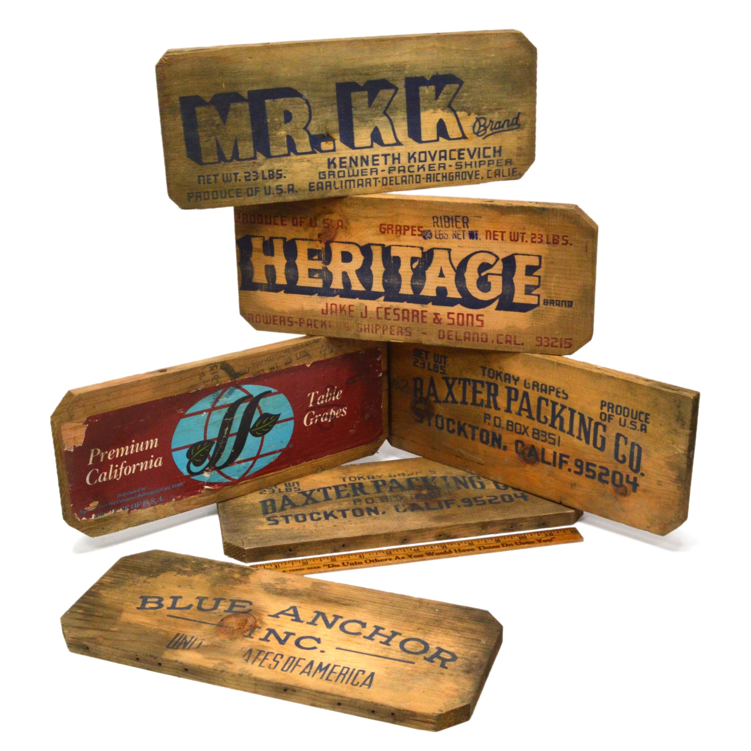 Vintage Fruit Box Labels - Set of 6 Wood & Paper Crate Labels - Antique Advertising Collectibles for Home Decor, Farmhouse Style, and Vintage Packaging Display