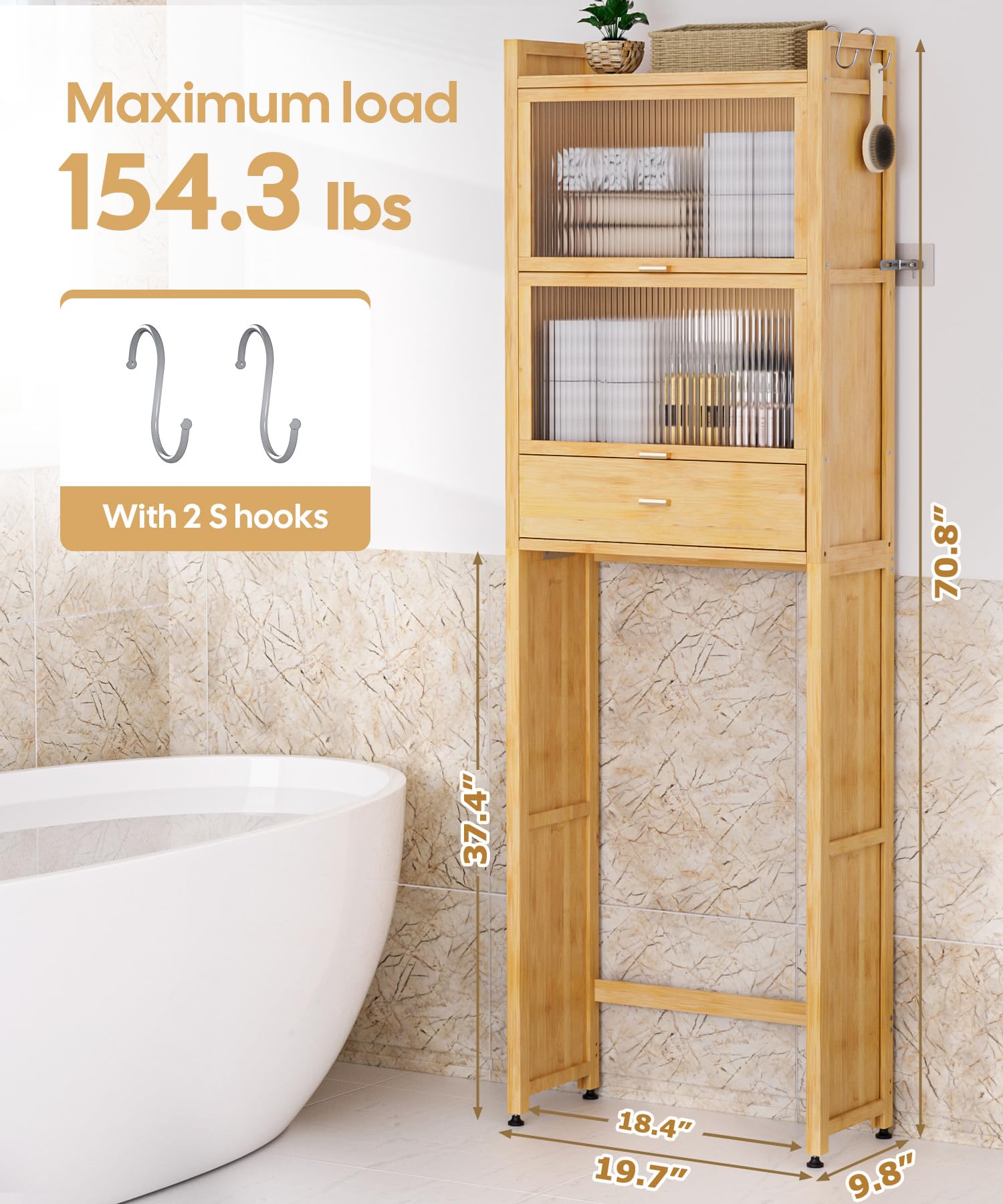 Over The Toilet Storage Cabinet with Drawer & Flip Door - Bamboo Bathroom Organizer Shelf | Anti-Tip Design, Waterproof Feet | Freestanding Space Saver for WC (Natural) - Perfect for Small Bathrooms, Apartments & Powder Rooms