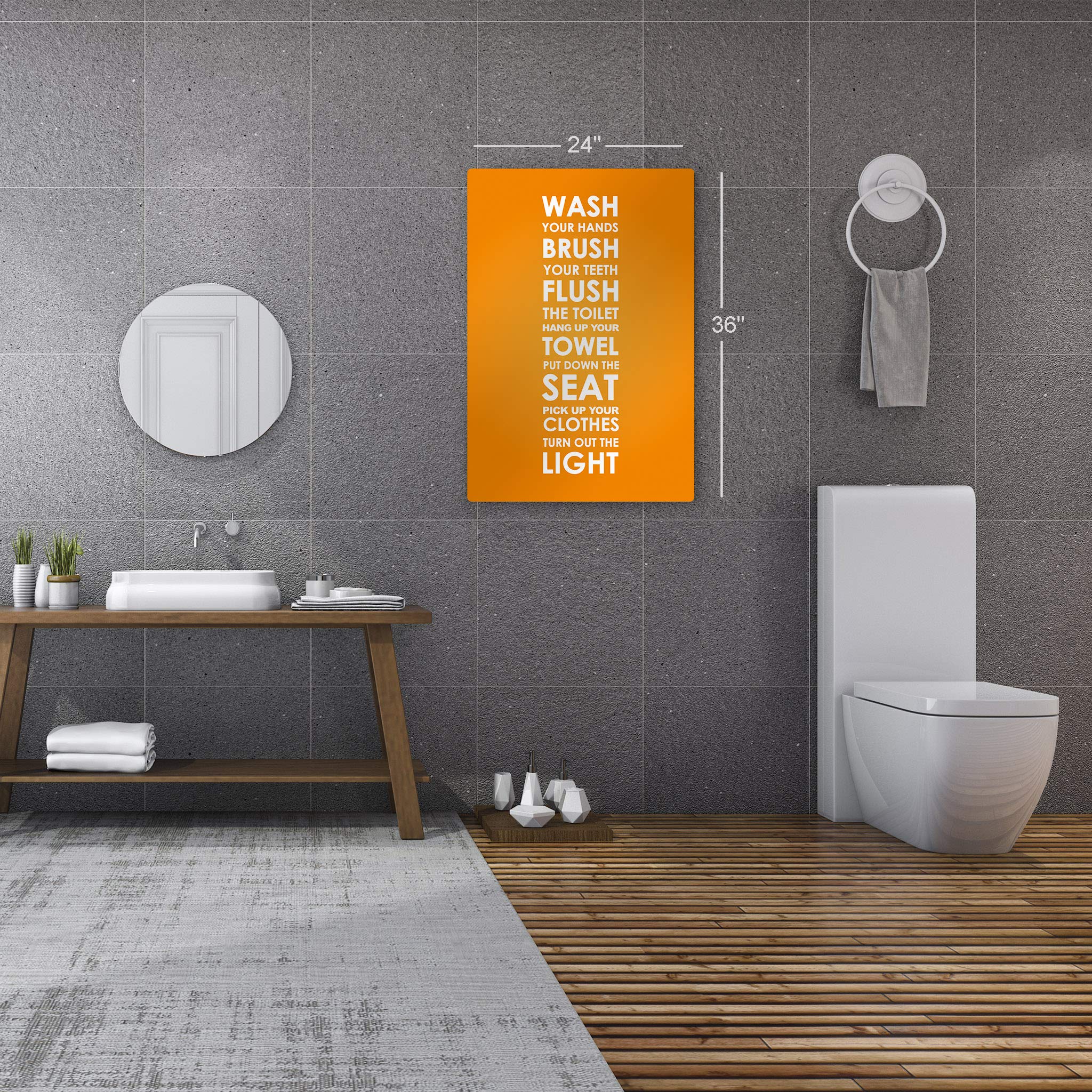 Smile Art Design Orange WASH Typography Metal Print - Funny Bathroom Sign for Kids, Bathroom Wall Decor & Home Art - Ready to Hang, Made in USA (24x16) - Perfect for Kids' Bathrooms, Playrooms & Nursery Decor