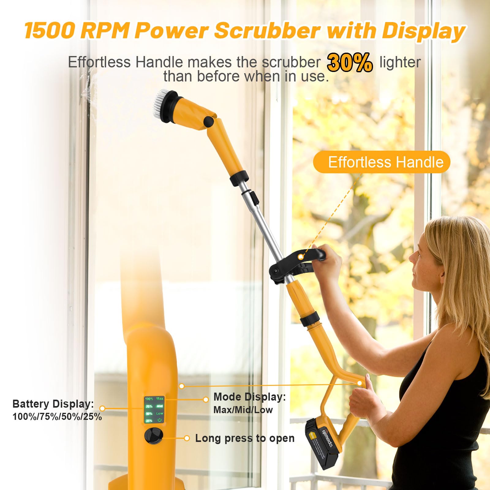 Qimedo Q2 Pro 1500 RPM Cordless Electric Spin Scrubber with 8 Brushes & LCD Display - Powerful Battery Powered Shower, Tile, Grout & Tub Cleaner - Effortless Cleaning for Bathroom, Kitchen & Floor Surfaces (Includes 2 Rechargeable Batteries)