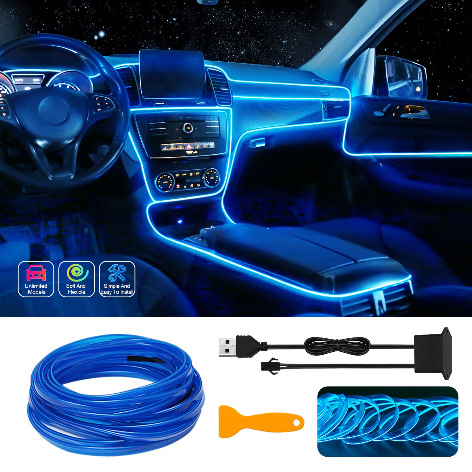 EL Wire Car LED Interior Strip Light - 197 Inch USB Neon Wire Lights with 6mm Sewing Edge | Blue Electroluminescent (EL) Wire for Car Decor & Ambient Lighting | Perfect for Car Interiors, Bedrooms & Party Decorations (5M/16.5FT)
