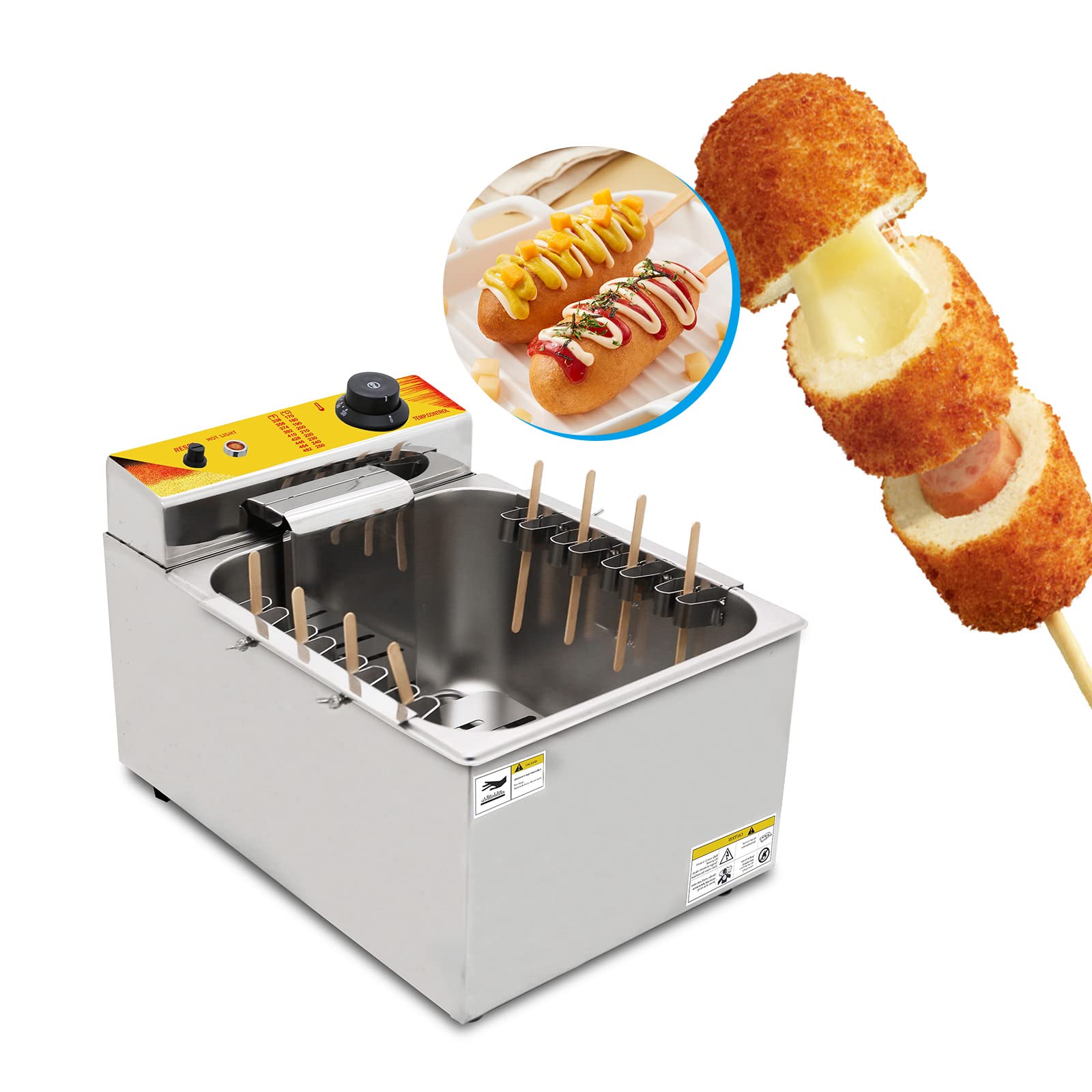 12L Commercial Electric Deep Fryer - Stainless Steel Korean Cheese Hot Dog & Corn Dog Maker with 8 Hooks - Perfect for Snacks, Street Food, and Restaurant Use