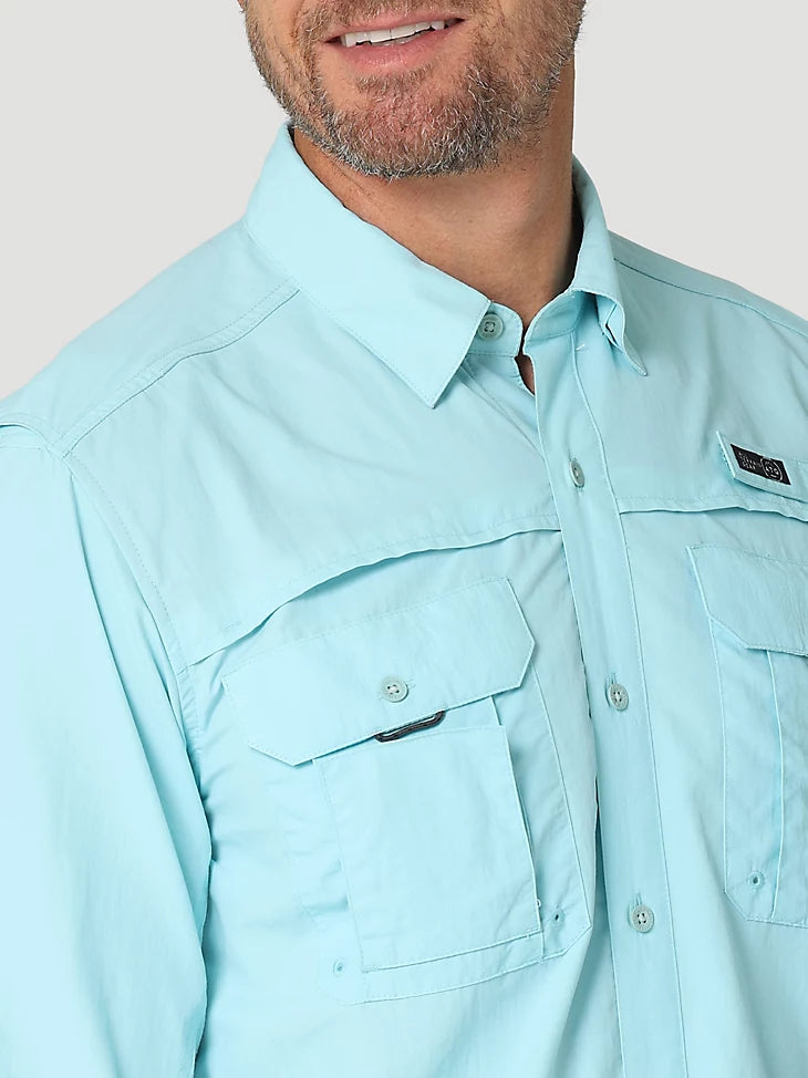 ATG By Wrangler™ Men's Long Sleeve Fishing Shirt - Gulf Blue - Moisture Wicking & UV Protection for Outdoor Activities, Hiking, and Camping