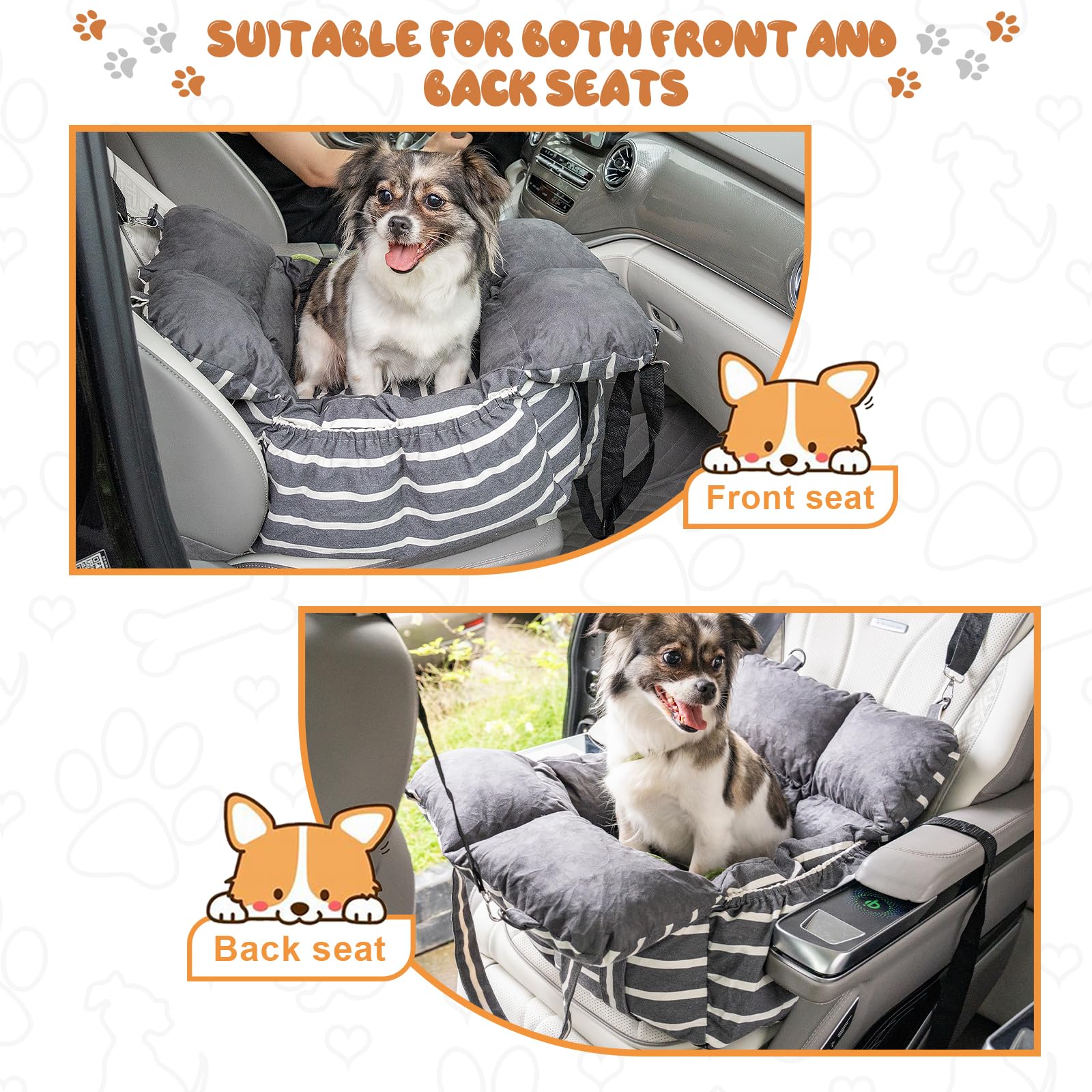 Washable Small Dog Car Seat Booster with Clip-On Leash, Cushion & Storage Pockets - Portable Travel Pet Carrier for Dogs Under 25lbs (Black with Handle) - Perfect for Road Trips, Daily Commutes & Vet Visits
