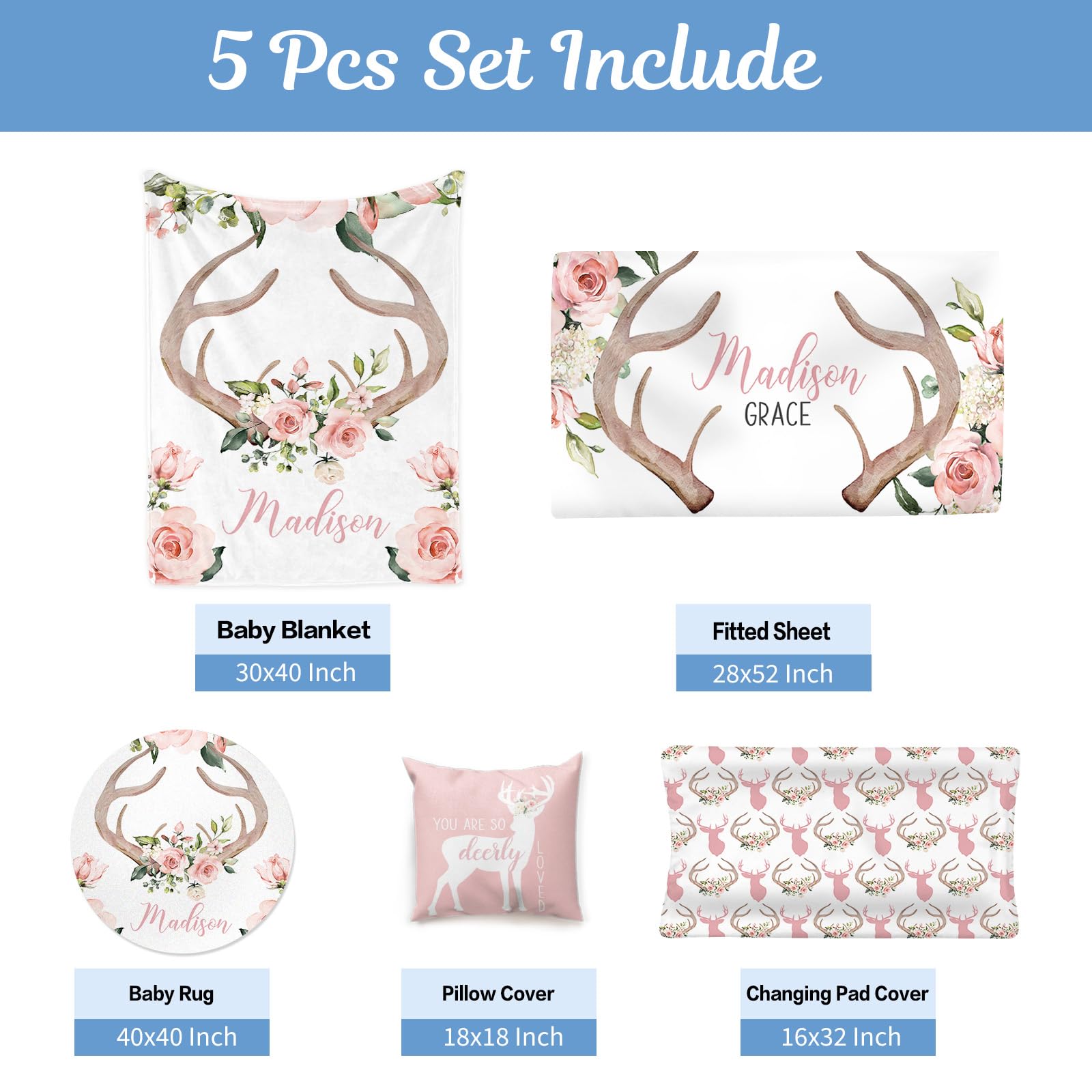 Personalized 5-Piece Baby Crib Bedding Set with Name - Pink Woodland Deer Nursery Set for Baby Girls | Custom Crib Sheets, Blanket & Decor | Perfect Baby Shower Gift & Nursery Essentials for Newborns & Toddlers