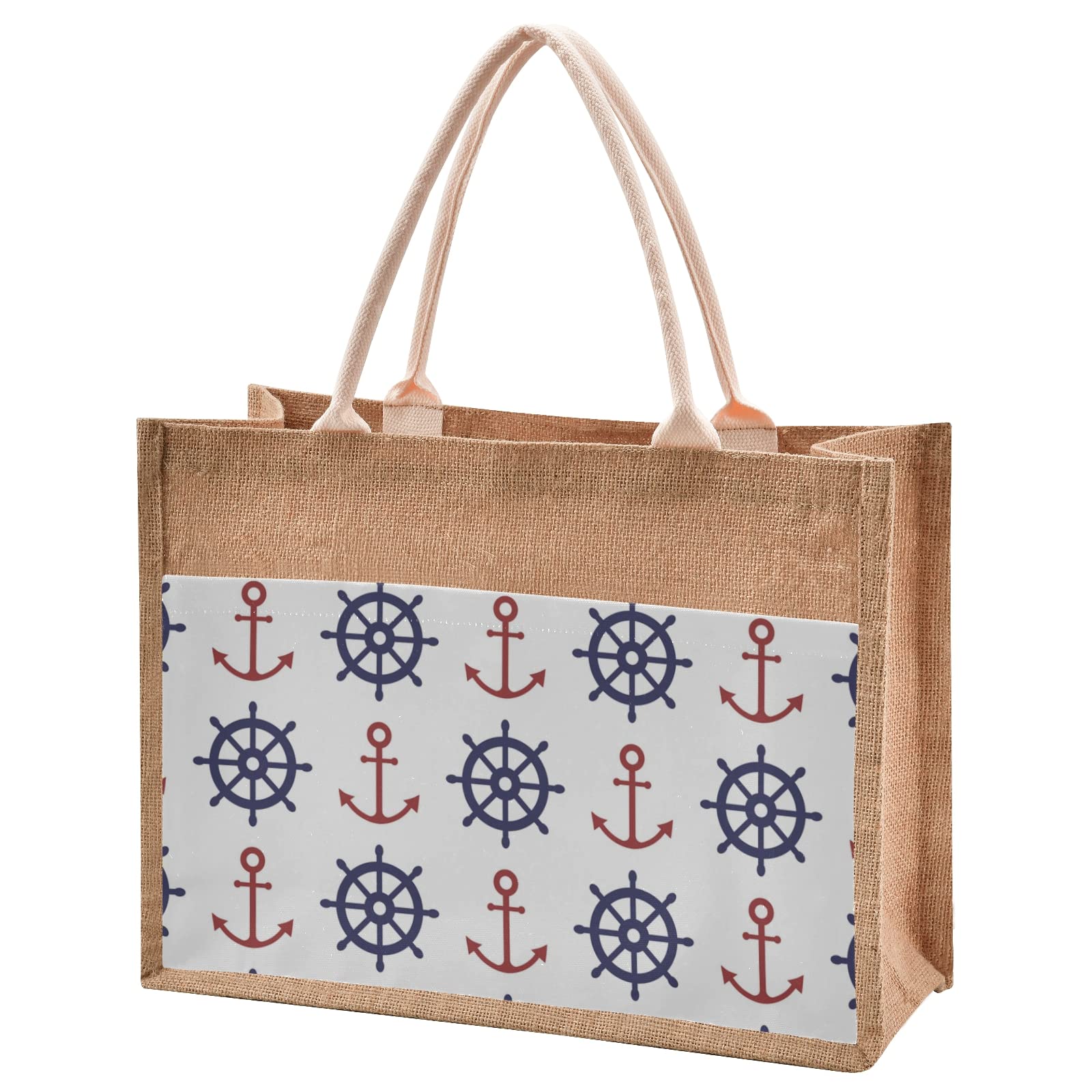 Stylish Sinestour Nautical Jute Tote Bag with Pockets - Eco-Friendly Reusable Grocery & Beach Tote for Women - Perfect for Shopping, Farmers Market & Summer Outings