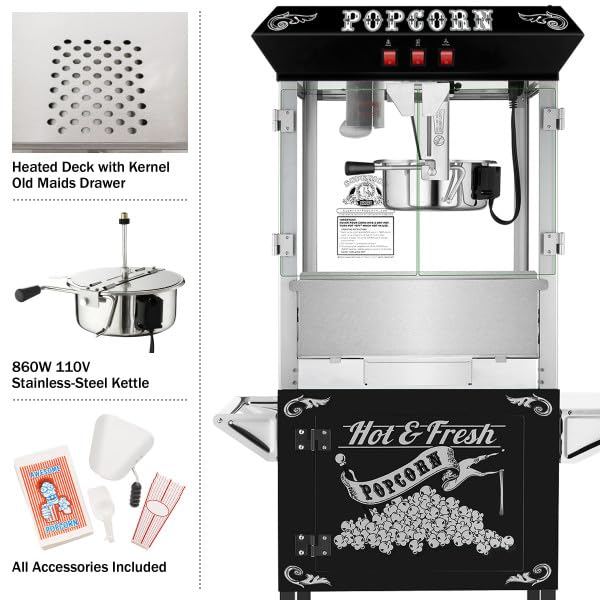 Superior Popcorn Machine with Cart - 8oz Commercial Popcorn Popper with Stainless Steel Kettle, Heated Warming Deck & Old Maids Drawer - Perfect for Movie Nights, Parties & Concession Stands (Black)