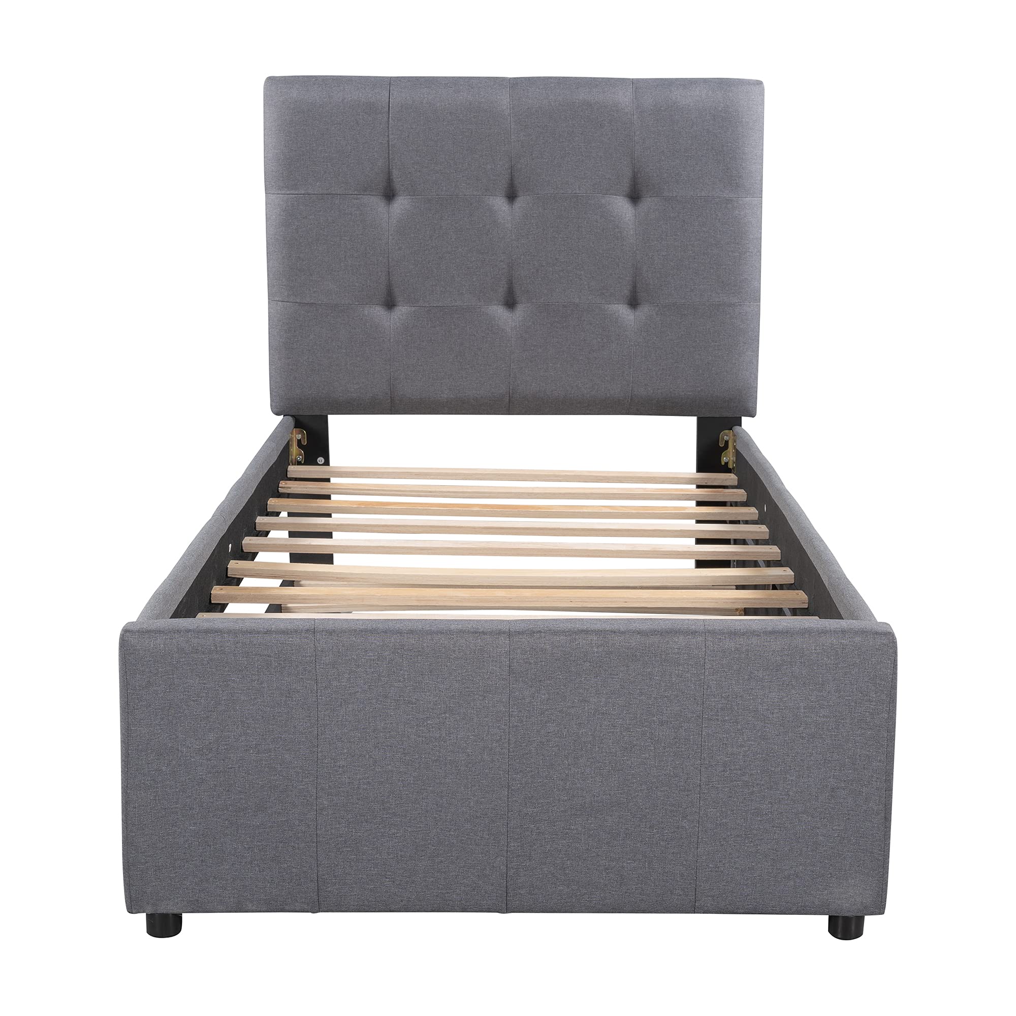 RUNNA Twin Size Upholstered Platform Bed Frame with Trundle - Linen Fabric Daybed with Headboard for Kids & Teens - No Box Spring Needed - Perfect for Small Bedrooms, Guest Rooms & Sleepovers