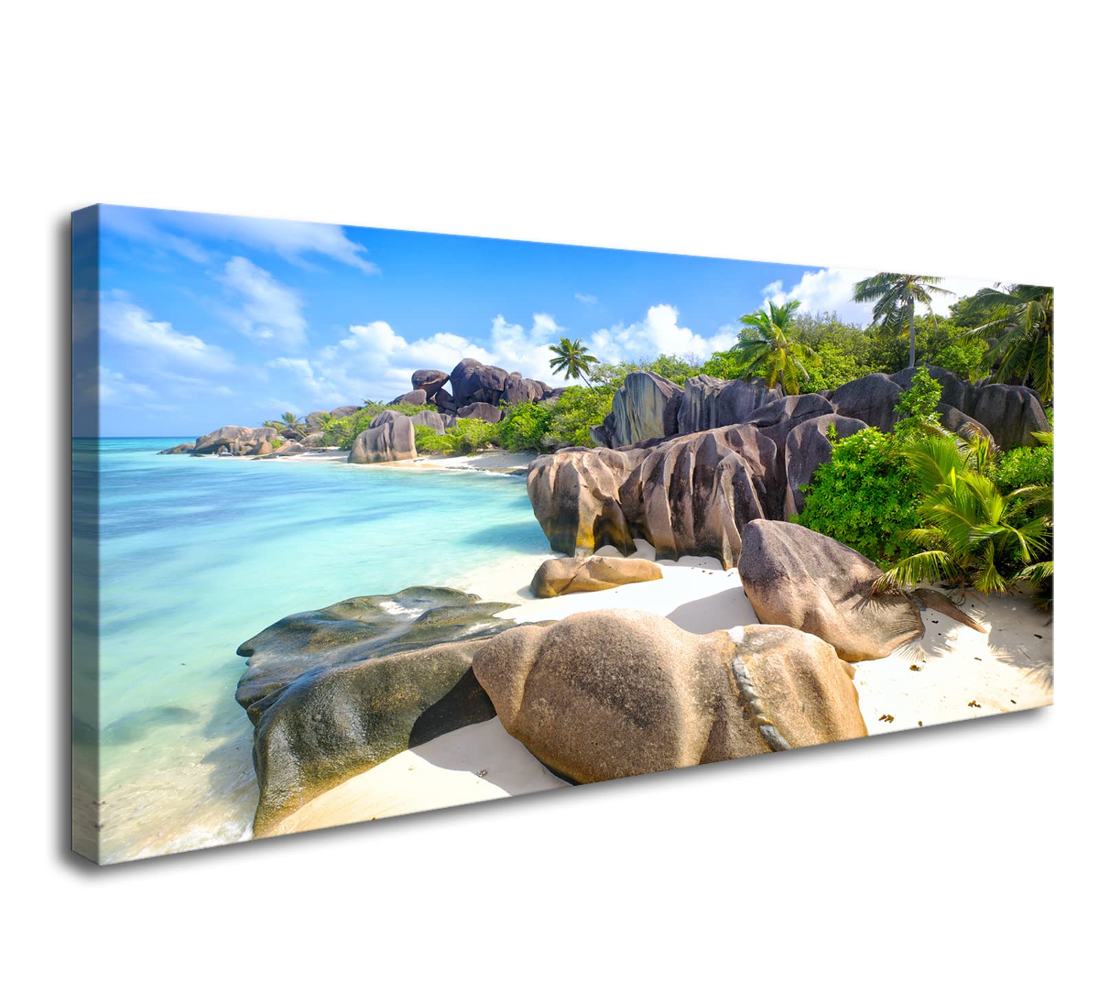 YP0775 Beach Wall Art - Stone Coconut Trees on Sands Seascape Painting - Tropical Nature Picture for Bedroom, Living Room & Office Decor - Perfect for Coastal, Vacation Home or Beach House Style