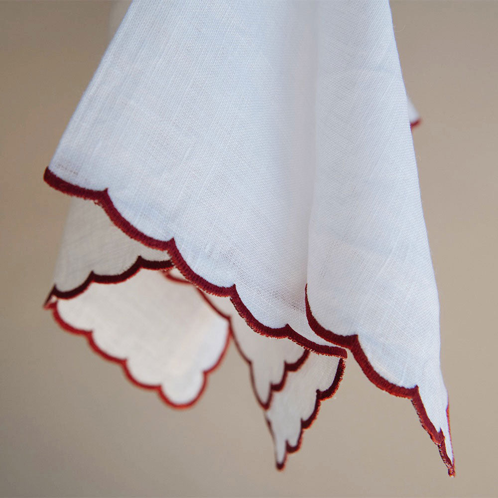 Premium Scallop Edge Linen Napkin Set - 12-Piece Red Cotton Table Napkins for Elegant Dining, Parties & Home Decor