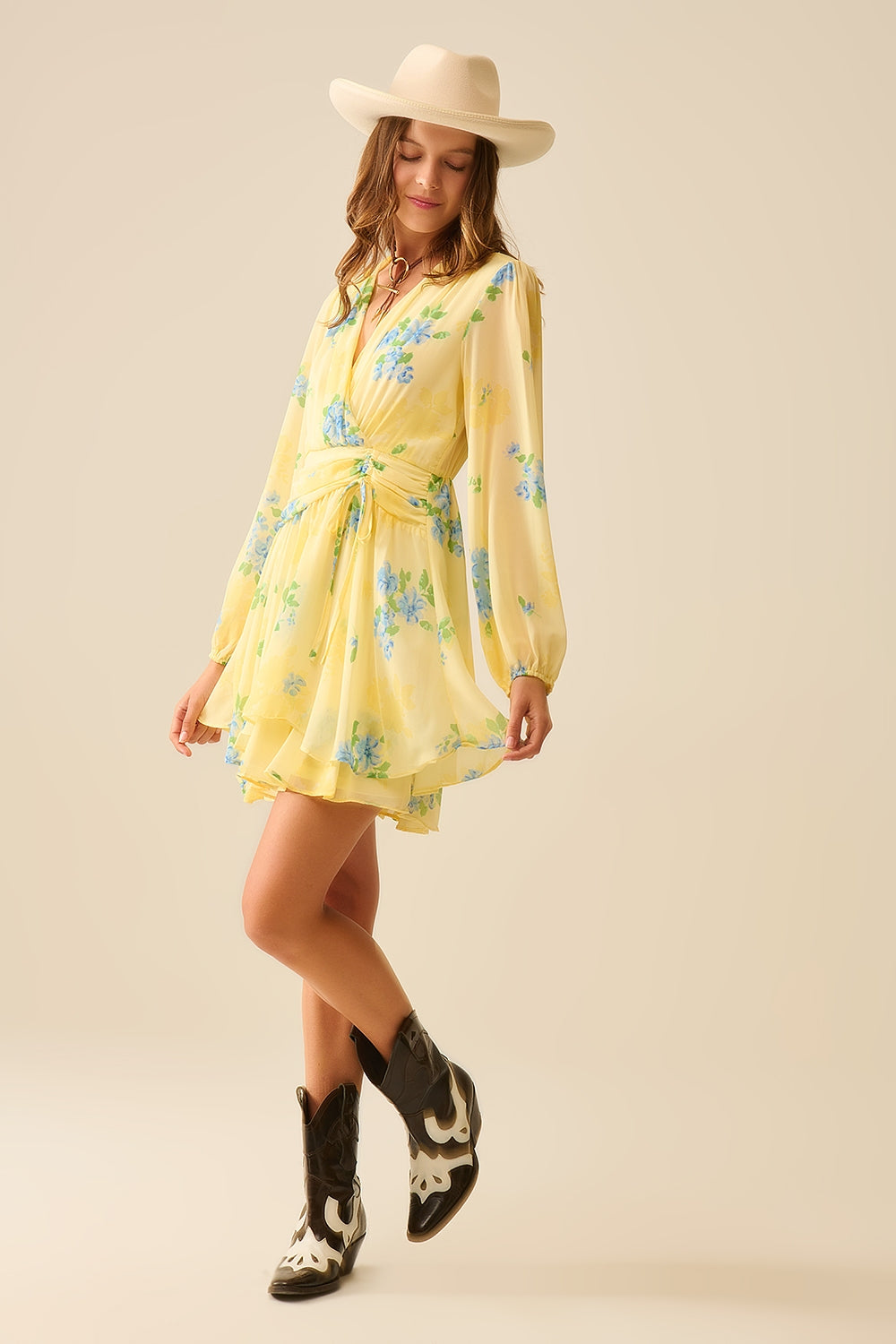 Butter Yellow Mini Floral Print Spring Robe with Ruffled Details - Perfect for Brunch, Beach Cover-Up, and Summer Weddings