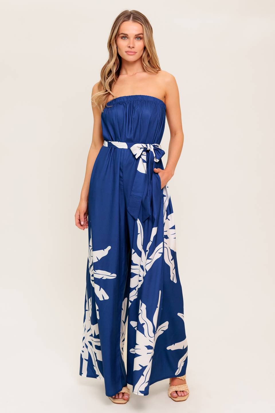 NOLANI Strapless Jumpsuit for Women - Navy & White Floral Print Romper, Summer Beachwear, Party Outfit, Vacation Dress