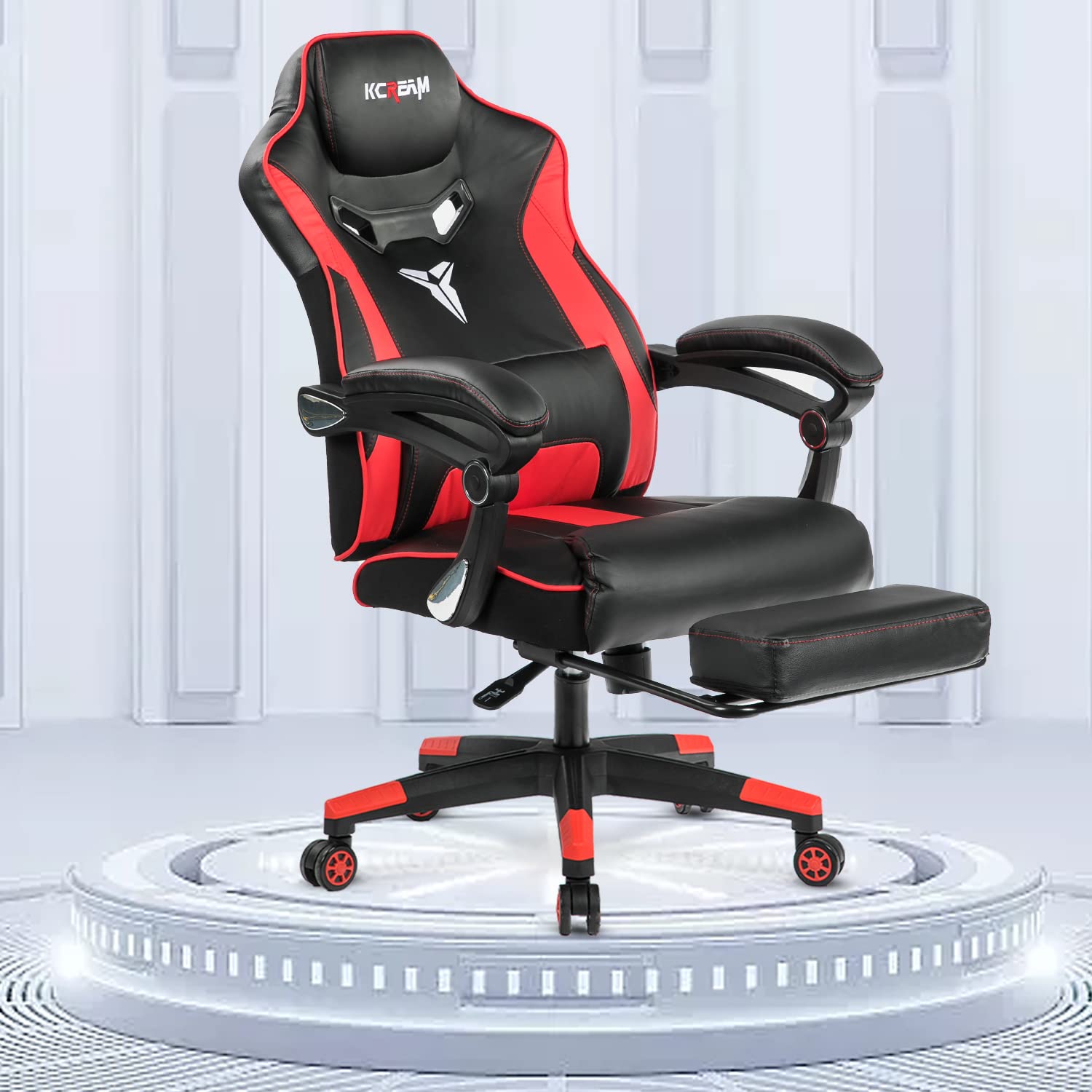 Premium Ergonomic Gaming Chair with Adjustable Footrest & Lumbar Support - High Back Racing Style Leather Office Chair for PC & Console Gamers - Ideal for Long Gaming Sessions, Home Office & Esports (Red)