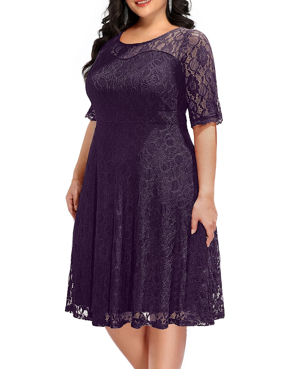 Elegant Plus Size Women's Lace V-Neck Midi Dress for Wedding Guest, Bridal Shower & Cocktail Party | Semi-Formal Occasion Wear | Perfect for Special Events & Evening Gatherings