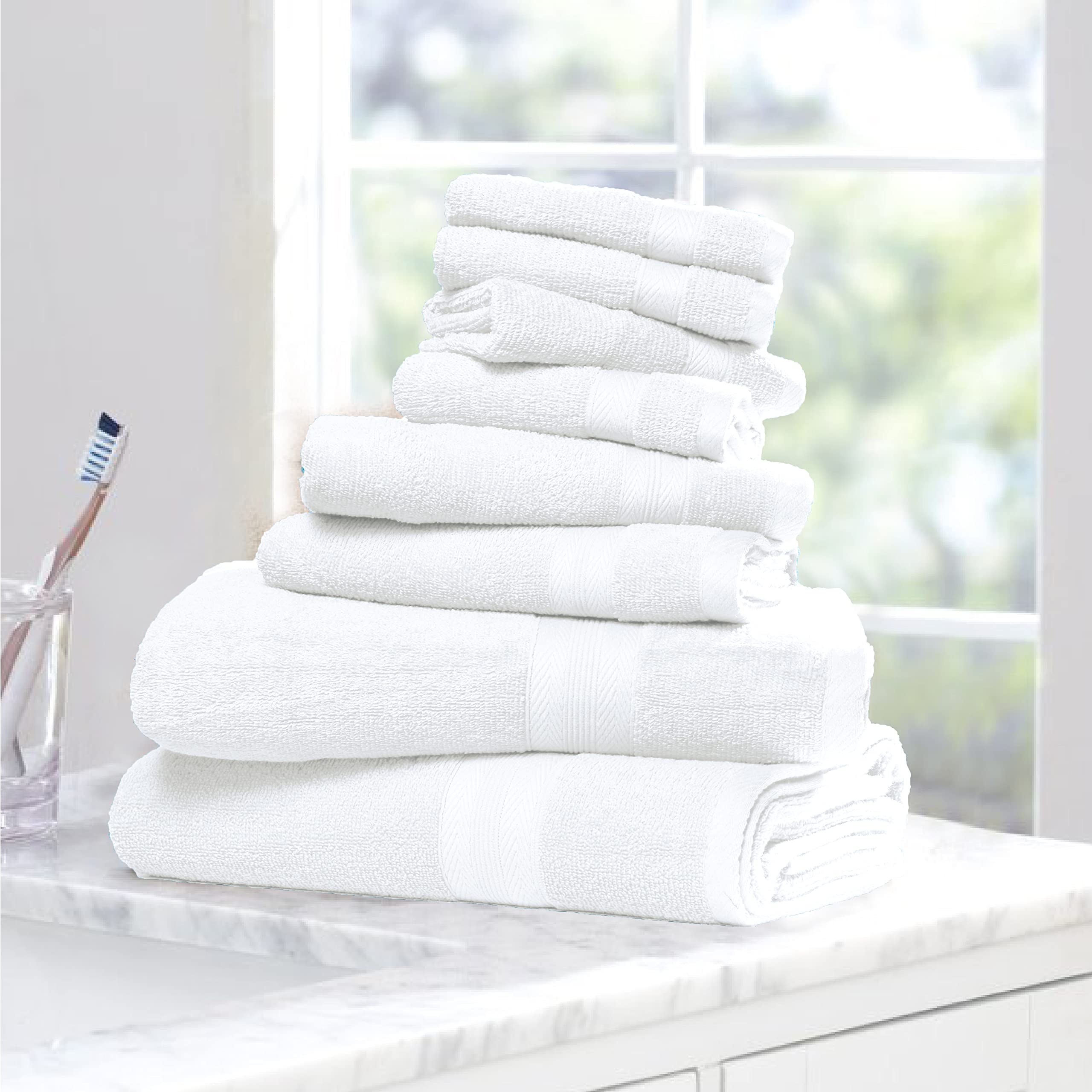 BOUTIQUO 8-Piece White Bath Towel Set - 100% Ring Spun Cotton, Ultra Soft & Highly Absorbent - 2 Bath Towels (27x54