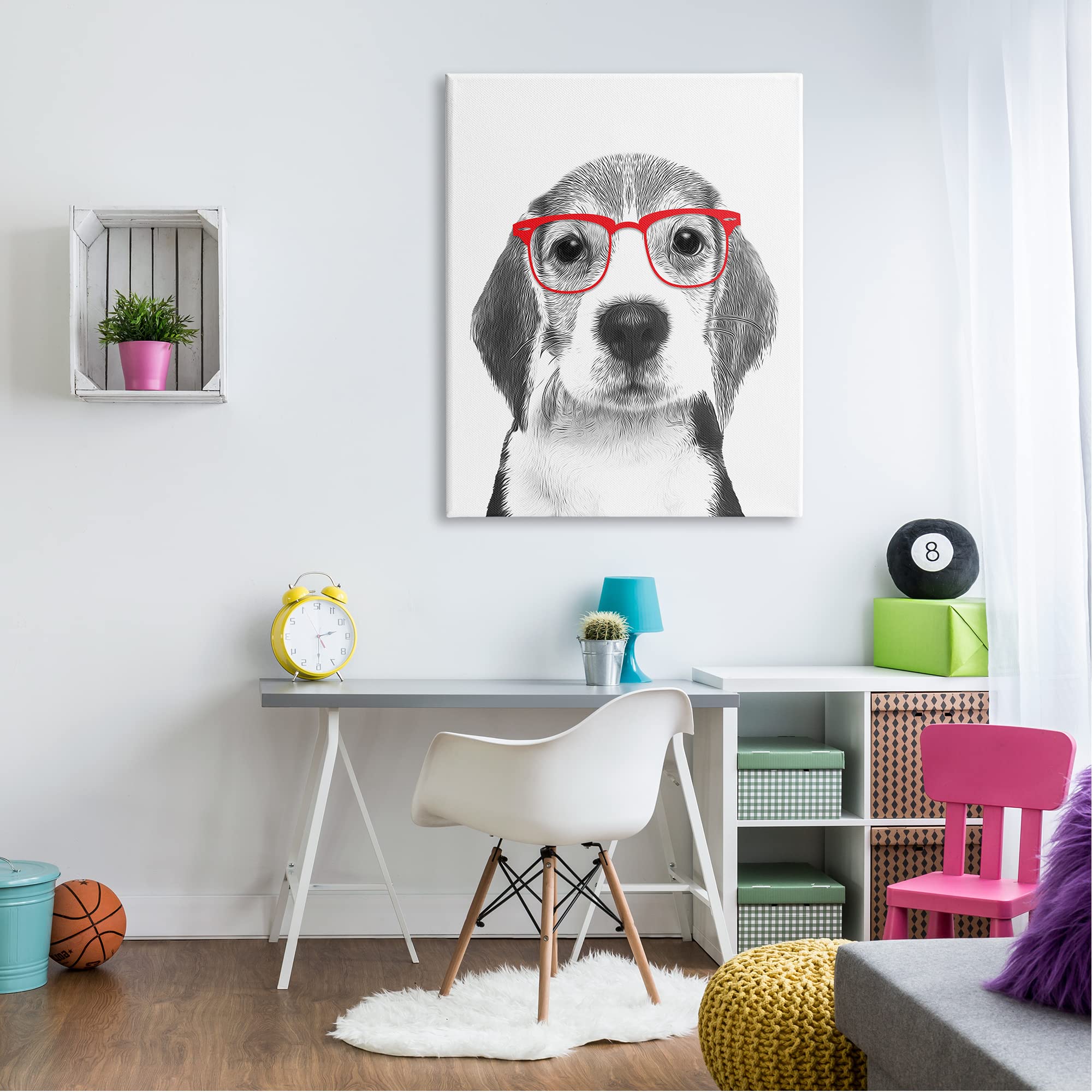 Stupell Industries Adorable Monochrome Beagle Puppy with Red Glasses Wall Art - Modern Dog Illustration by Annalisa Latella - Perfect for Living Room, Nursery & Pet Lover Gifts