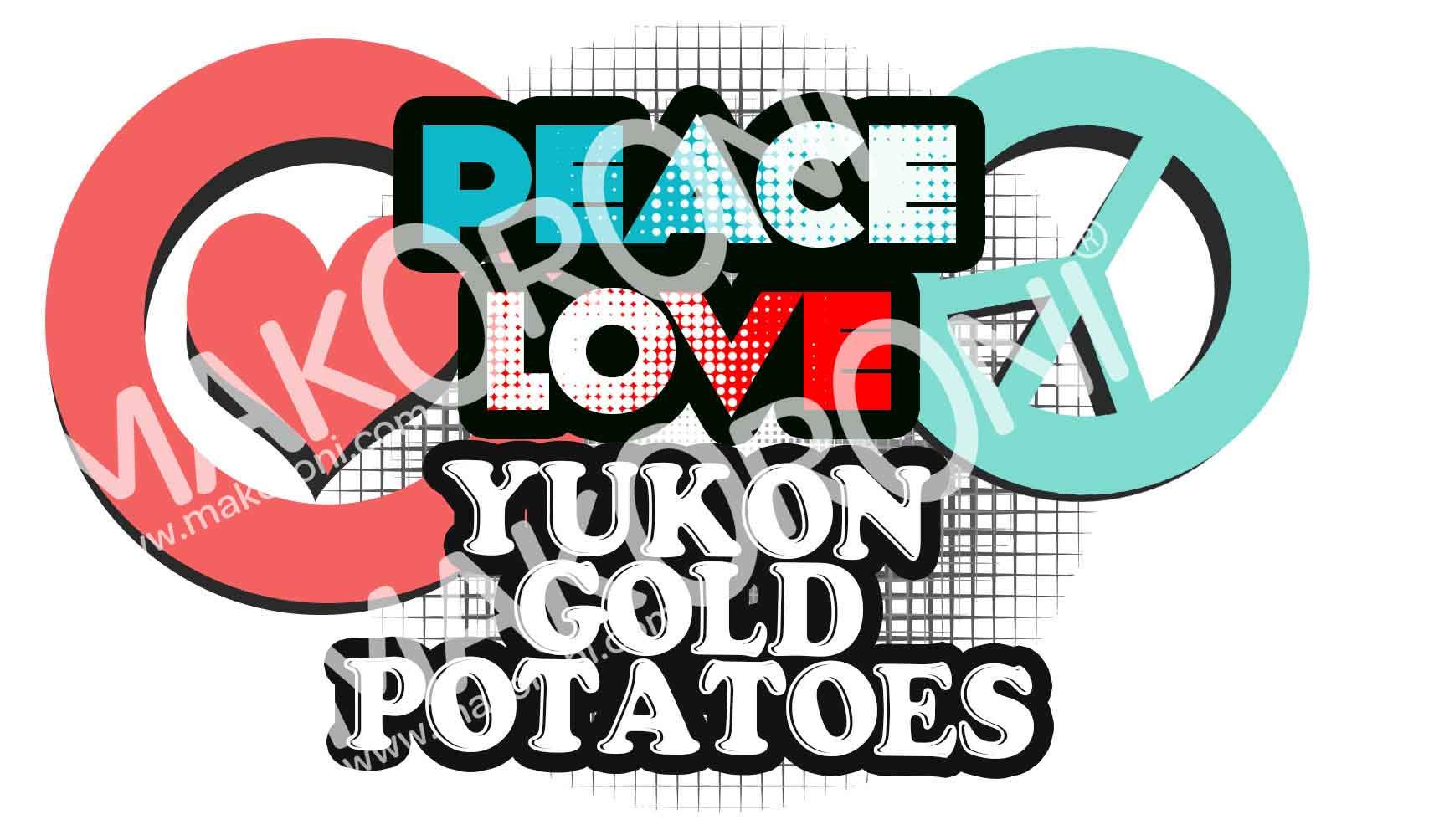 Makoroni - Peace Love Yukon Gold Potatoes - 11oz Unique Coffee Mug for Tea & Hot Drinks - Funny Novelty Gift for Potato Lovers, Kitchen & Office Use