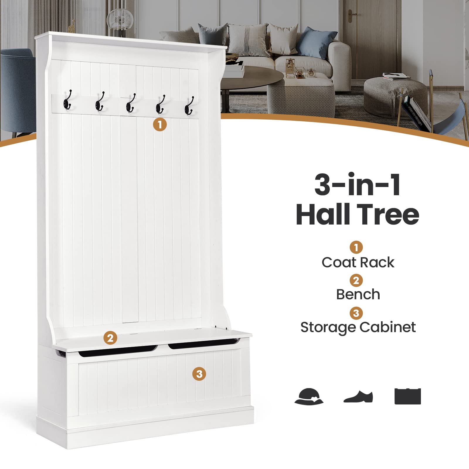 Tangkula 3-in-1 Entryway Storage Bench with Coat Rack - Wooden Hall Tree Bench with 5 Double Hooks, Anti-Tip Safety Strip & Under Seat Storage Organizer - Perfect for Entryway, Hallway, Bedroom or Mudroom Organization (White)
