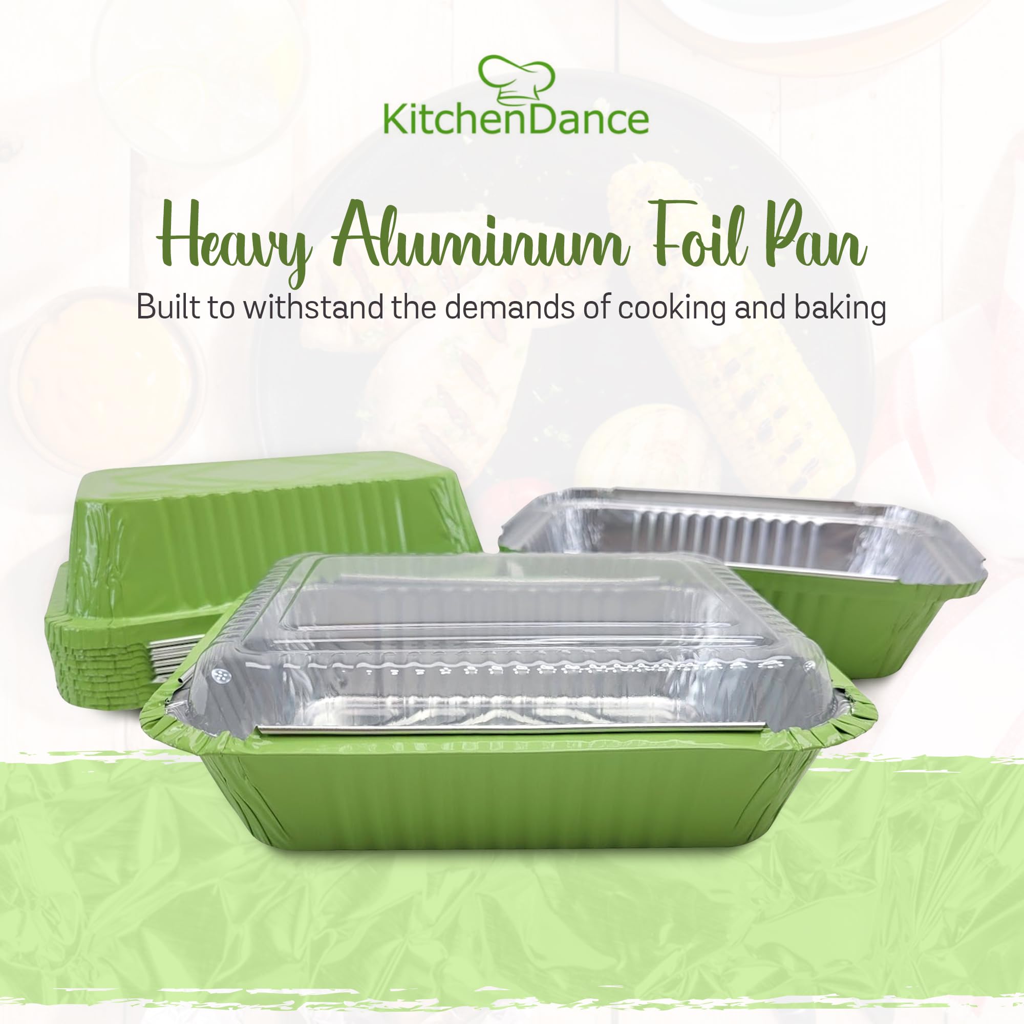 KitchenDance 1.5 lb Mini Aluminum Pans with Lids - Heavy Duty Colored Foil Deep Takeout Containers - Disposable Baking Pans for Cooking, Freezing, Meal Prep & Food Storage - 1000 Pack Green - Perfect for Parties, Catering & Home Kitchen Use