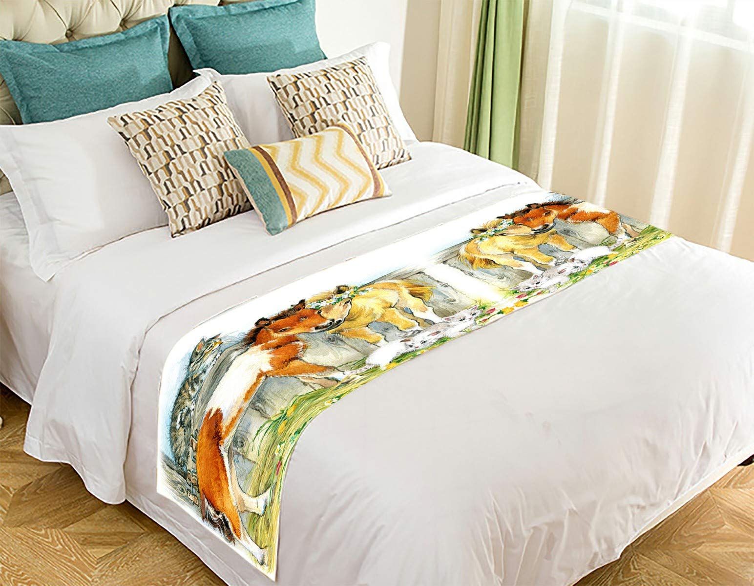 ECZJNT Horse and Cat Watercolor Bed Runner - 20x95 Inch Elegant Bed Scarf for Home Decor | Perfect for Master Bedroom, Guest Room & Farmhouse Style