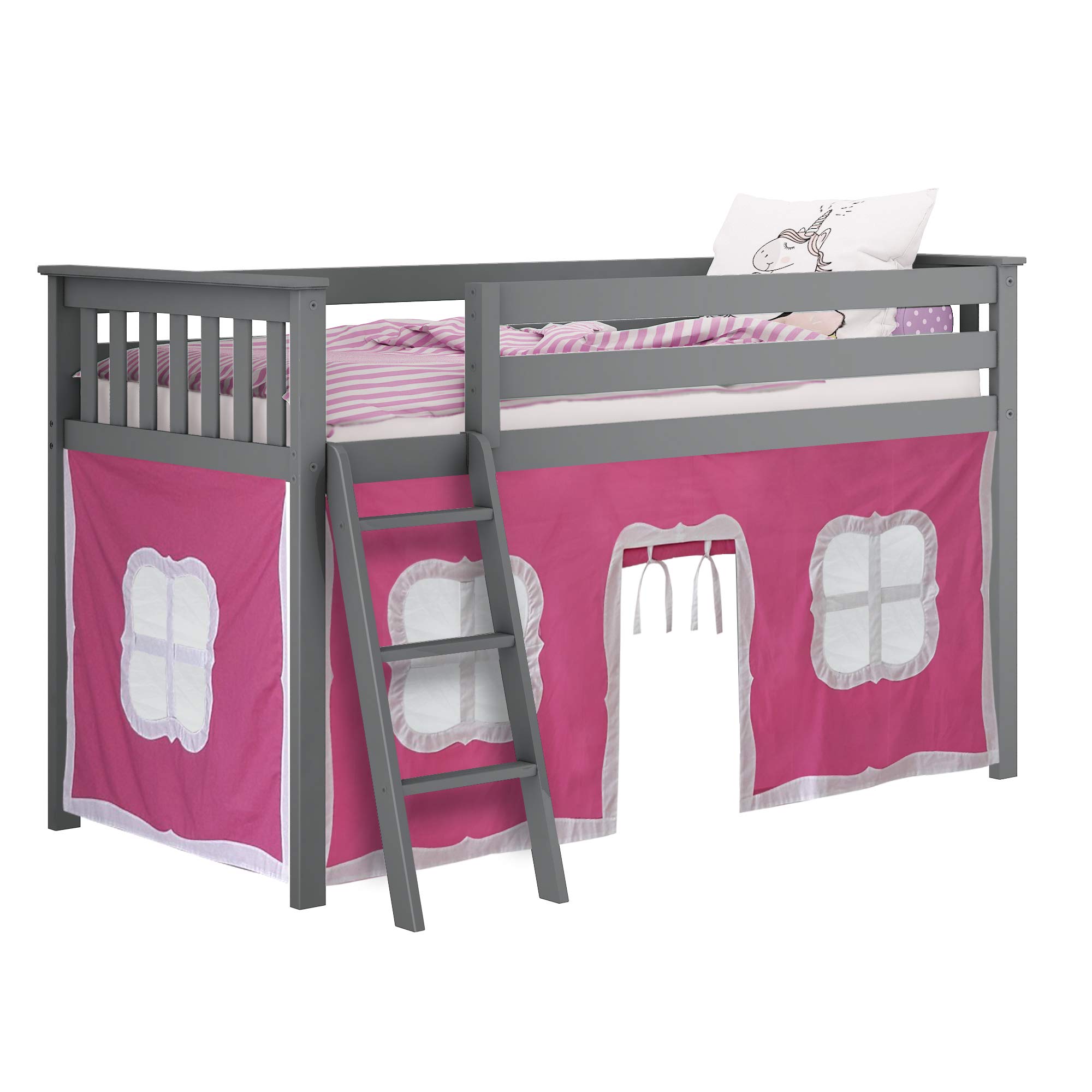 Max & Lily Low Loft Twin Bed Frame for Kids with Privacy Curtains - Space-Saving Grey/Pink Bunk Bed for Small Rooms, Playrooms & Sleepovers