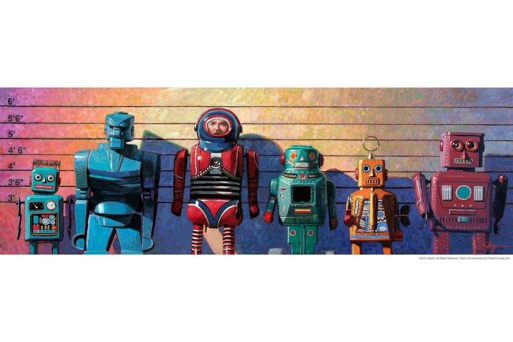 Eric Joyner Laminated Robots Caught Again Lineup Art Print - 12x18 Dry Erase Wall Poster - Perfect for Home, Office & Classroom Decor