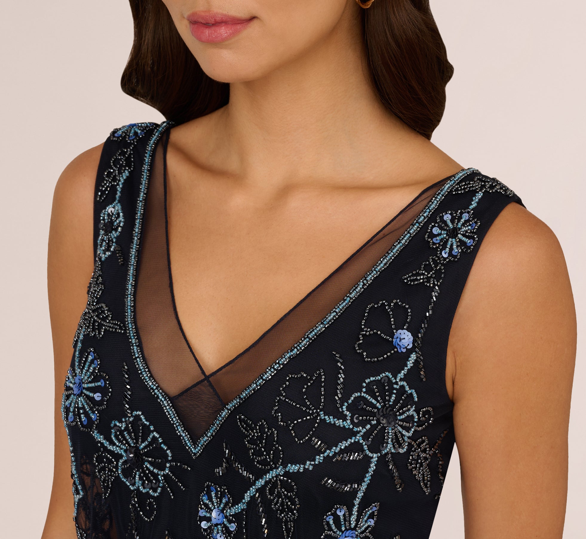 Elegant Sleeveless Beaded Blouson Midi Dress in Midnight Multi - Perfect for Evening Parties, Weddings & Special Occasions