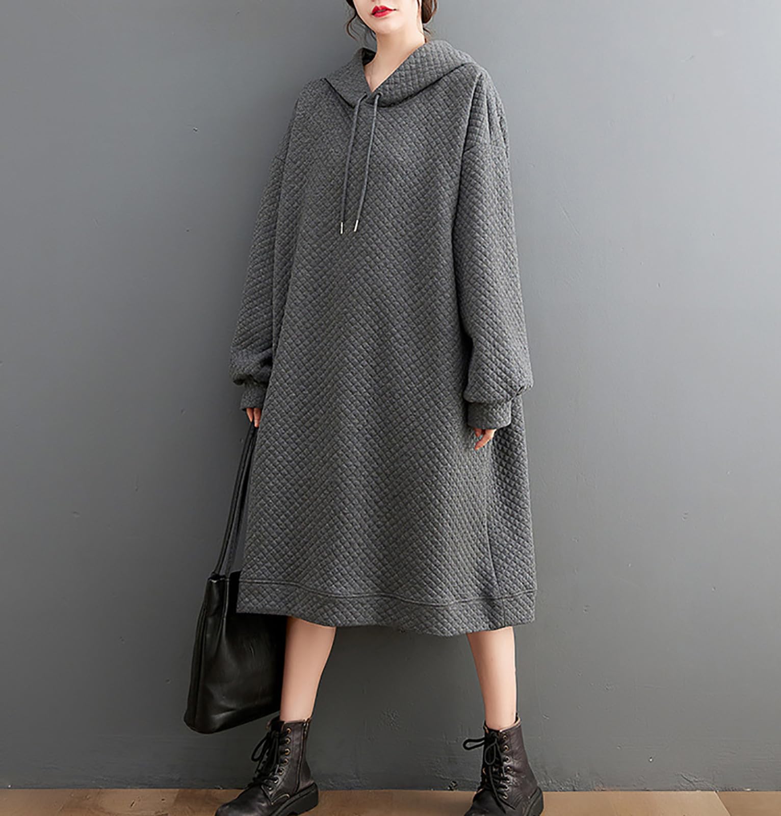 Women's Oversized Hooded Sweatshirt Dress - Loose Fit Waffle Knit Pullover Maxi Dress with Pockets | Casual Streetwear, Loungewear & Winter Layering Outfit