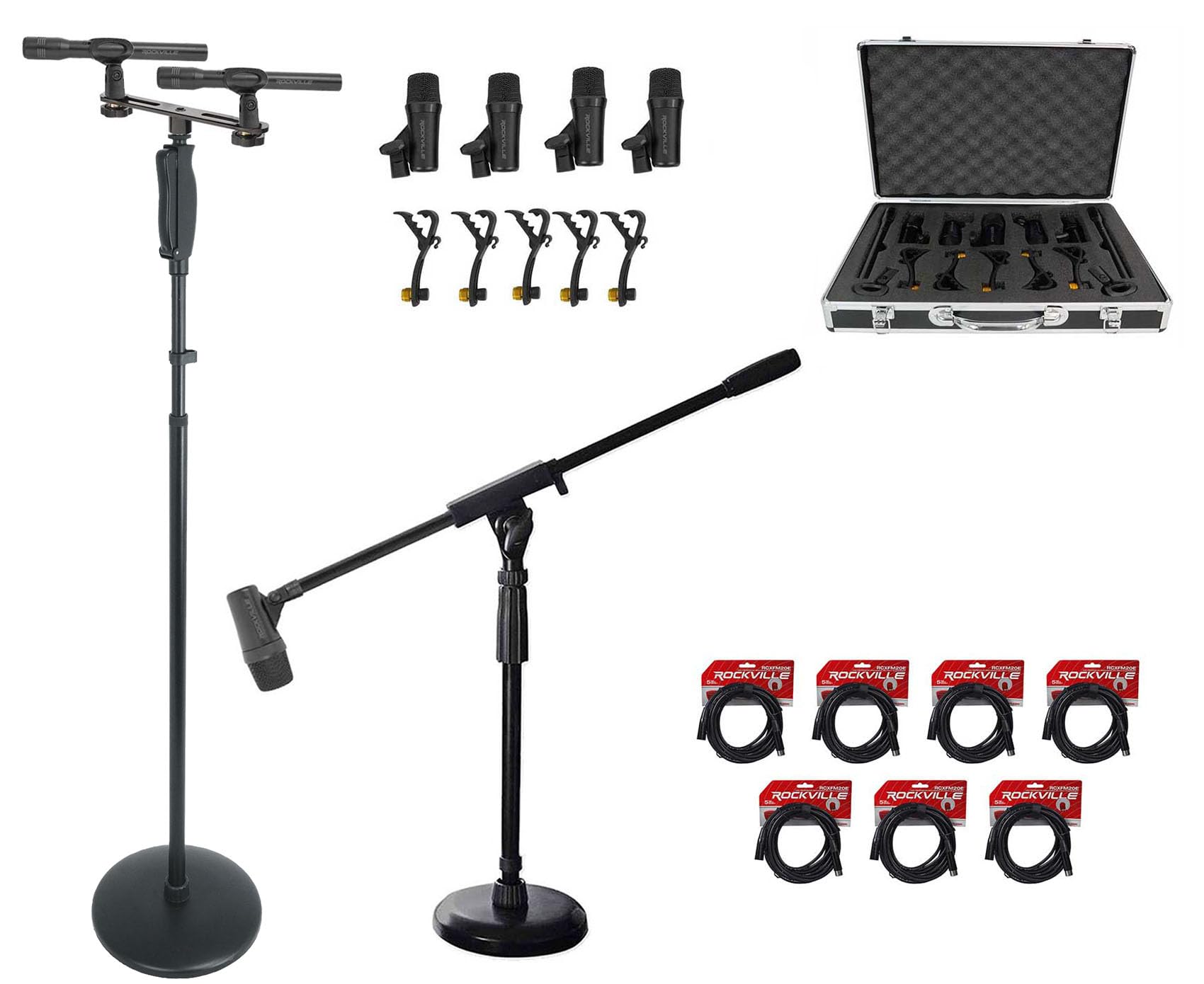 Rockville PRO-D7 Kit - 7-Piece Drum Microphone Set with Kick, Snare, Pencil Mics, Stands & Cables | Perfect for Live Performances, Studio Recording & Drum Mic'ing