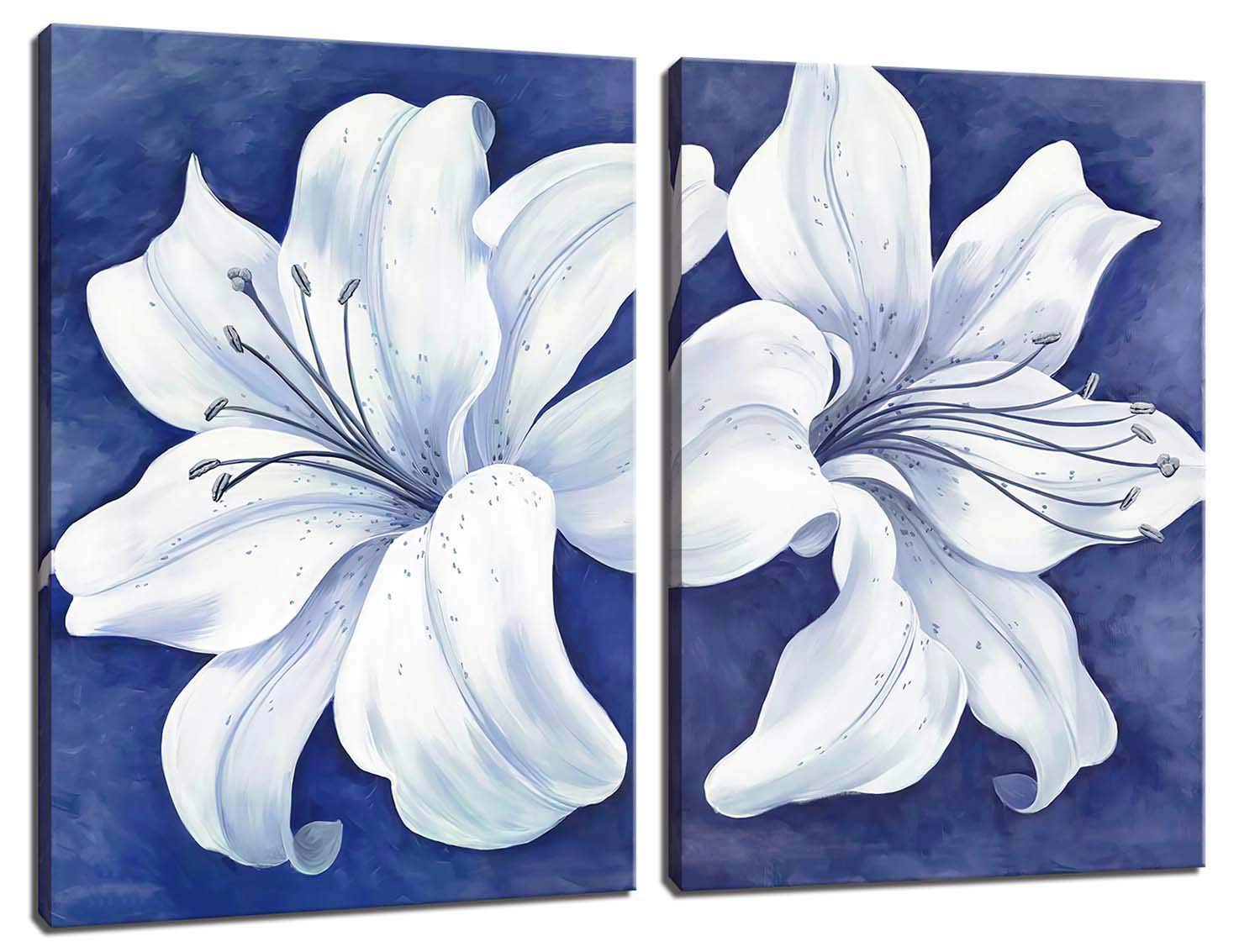 White Floral Canvas Wall Art - Modern Blue-Purple Bloom Painting for Dining Room Decor