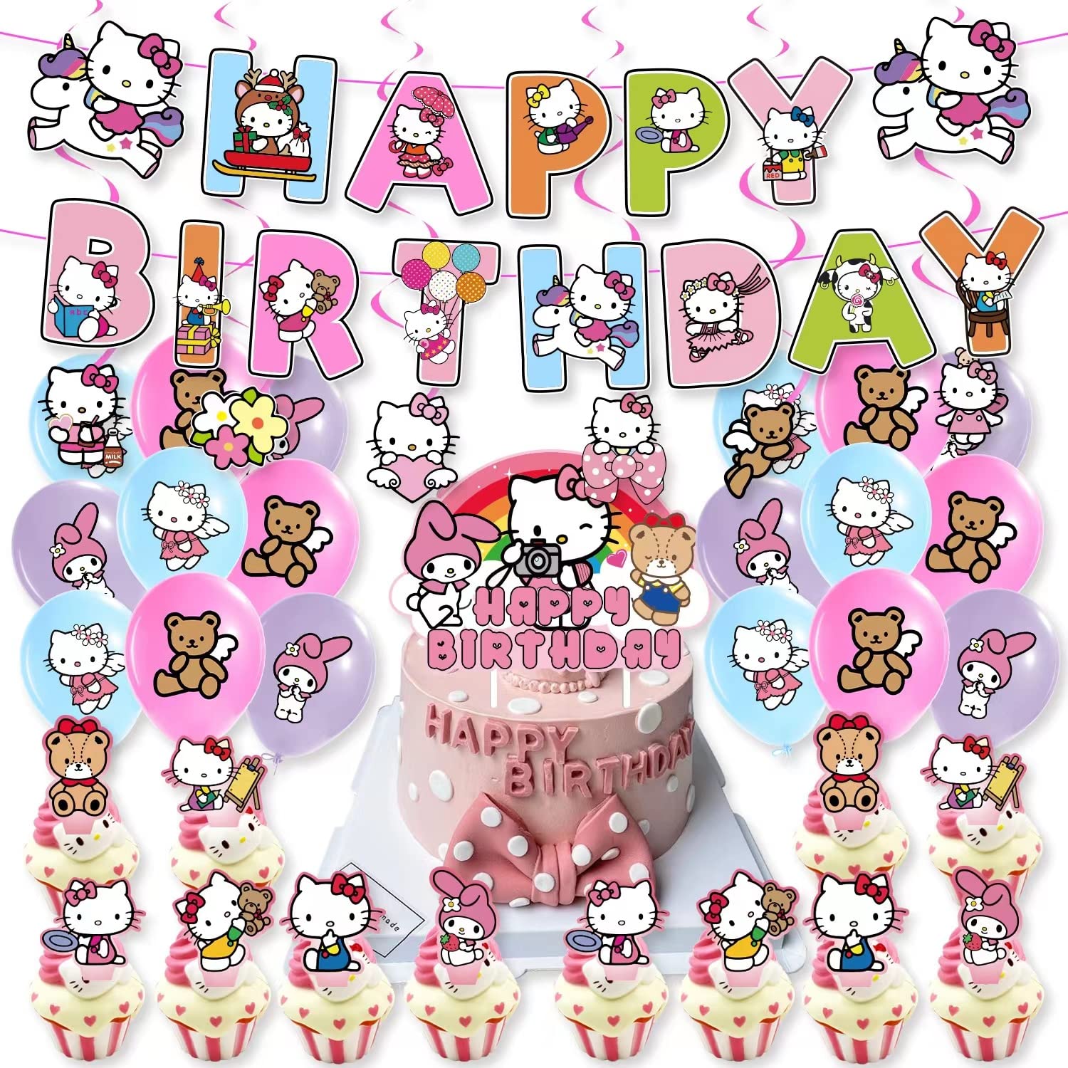 Kwaii Kitty Birthday Party Decorations Set - Includes Banner, Cake Toppers & Balloons for Kitty Cat Themed Celebrations | Perfect for Girls' Birthday Parties, Baby Showers & Themed Events