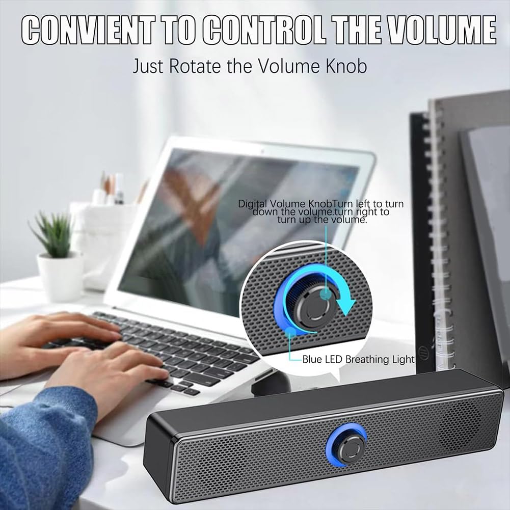 TYREE Bluetooth Computer Speakers with Knob Volume Control & 3.5mm Aux Input - Portable Soundbar Speaker for PC Laptop, Desktop, Gaming Setup - Easy Plug & Play Installation for Home Office, Dorm Room, Streaming Studio