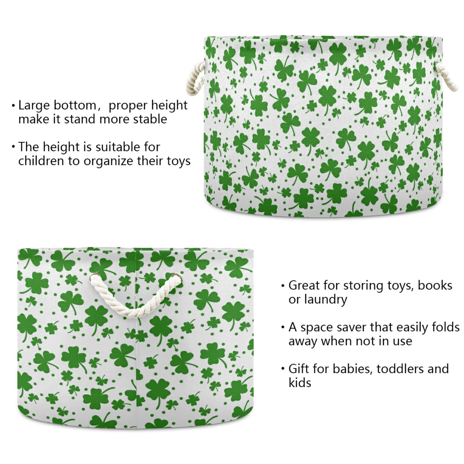 St. Patrick's Day Green Shamrock Clover Storage Basket - Foldable Round Organizer Bin with Handles for Baby Nursery, Toys & Clothes - Waterproof Laundry Hamper for Home, Dorm & Party Decor