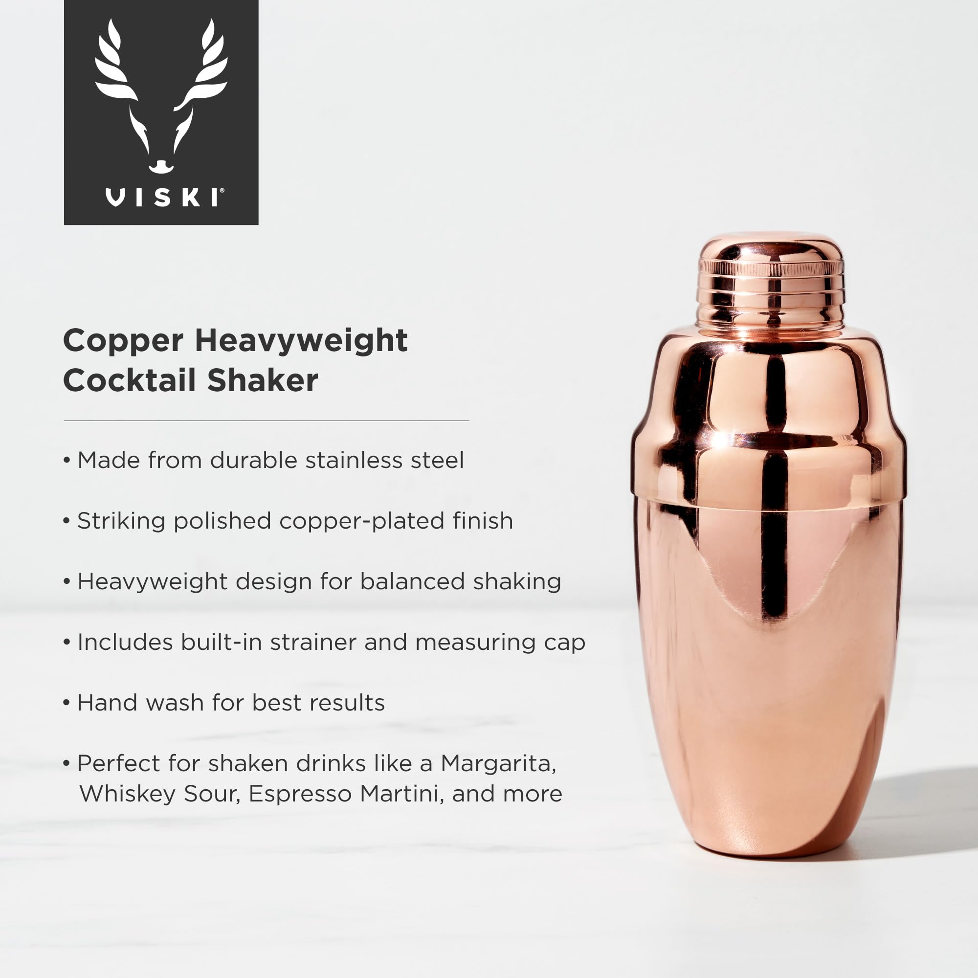 Premium Copper Cocktail Shaker Set - 16.5 oz Professional Stainless Steel Drink Mixer with Bar Strainer for Martini & Margarita | Bar Tools for Home Bartending, Parties & Mixology | Polished Copper Finish